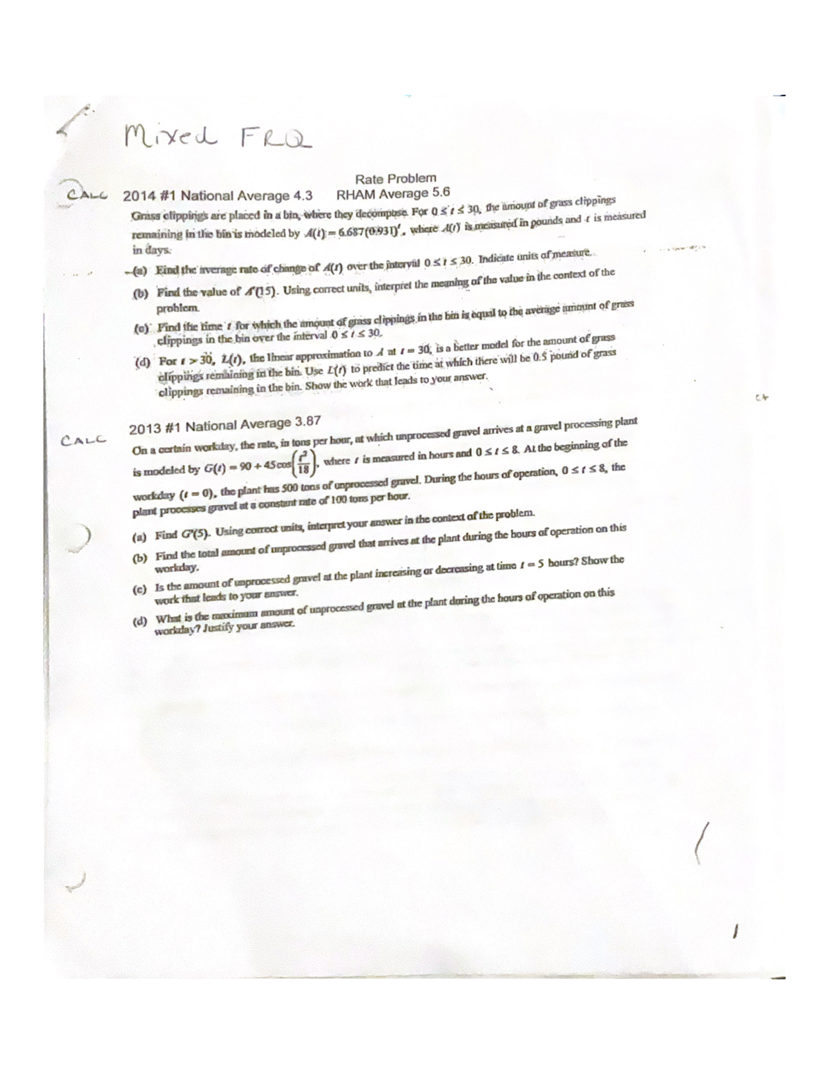FRQS for ap calc Six practice frq for the ap calculus ab exam, all