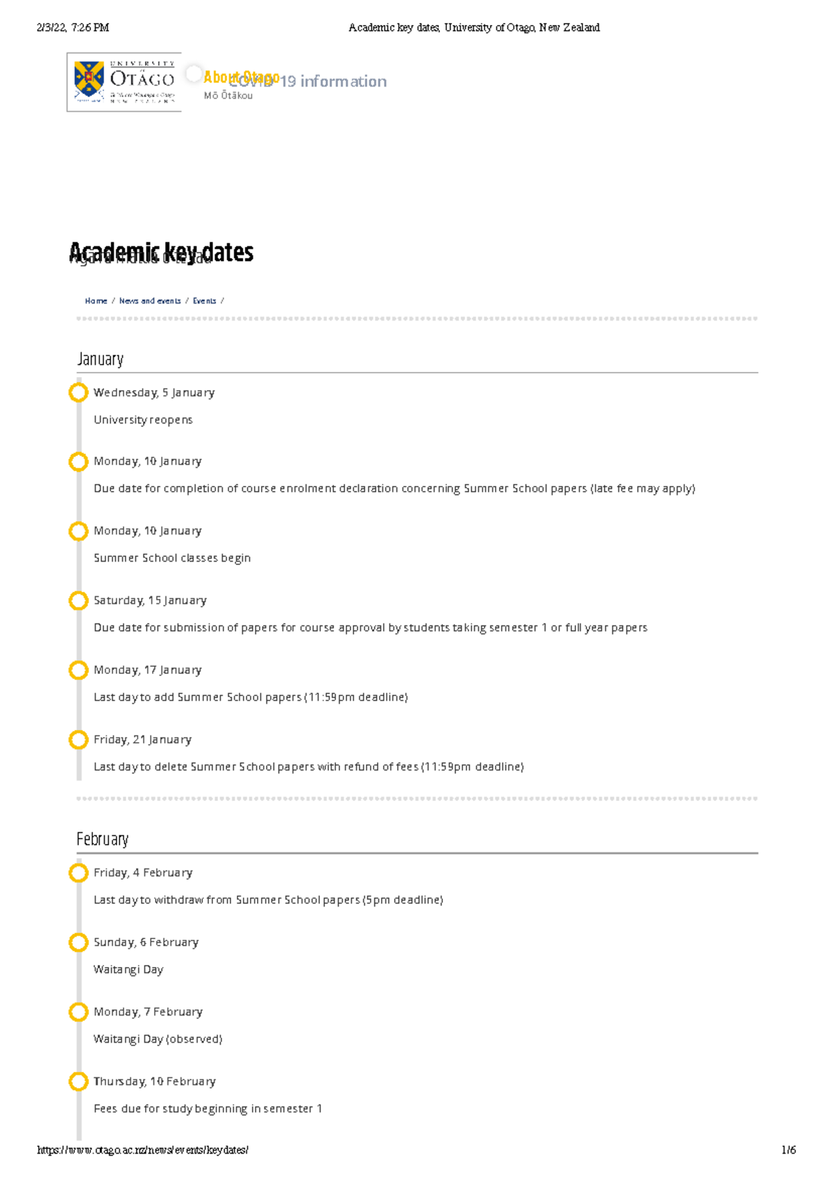 Academic key dates, University of Otago, New Zealand - January