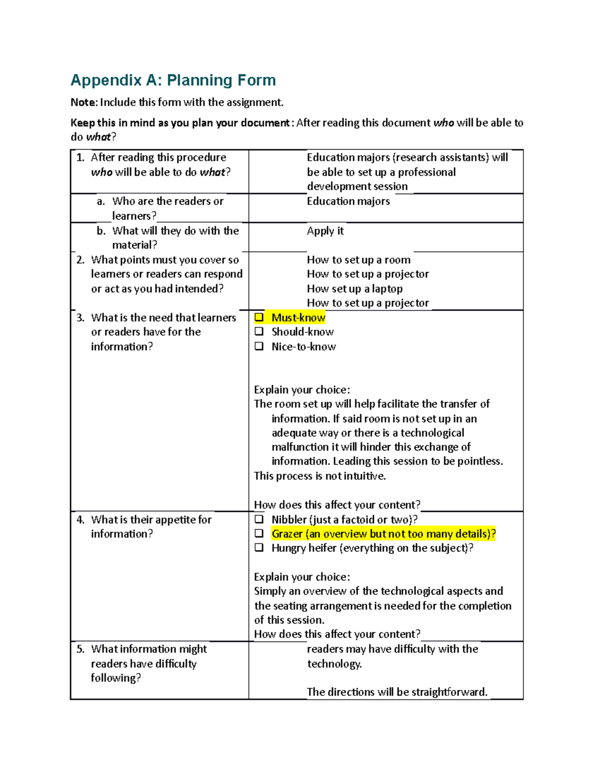 Procedure #1 first assignment - Appendix A: Planning Form Note ...