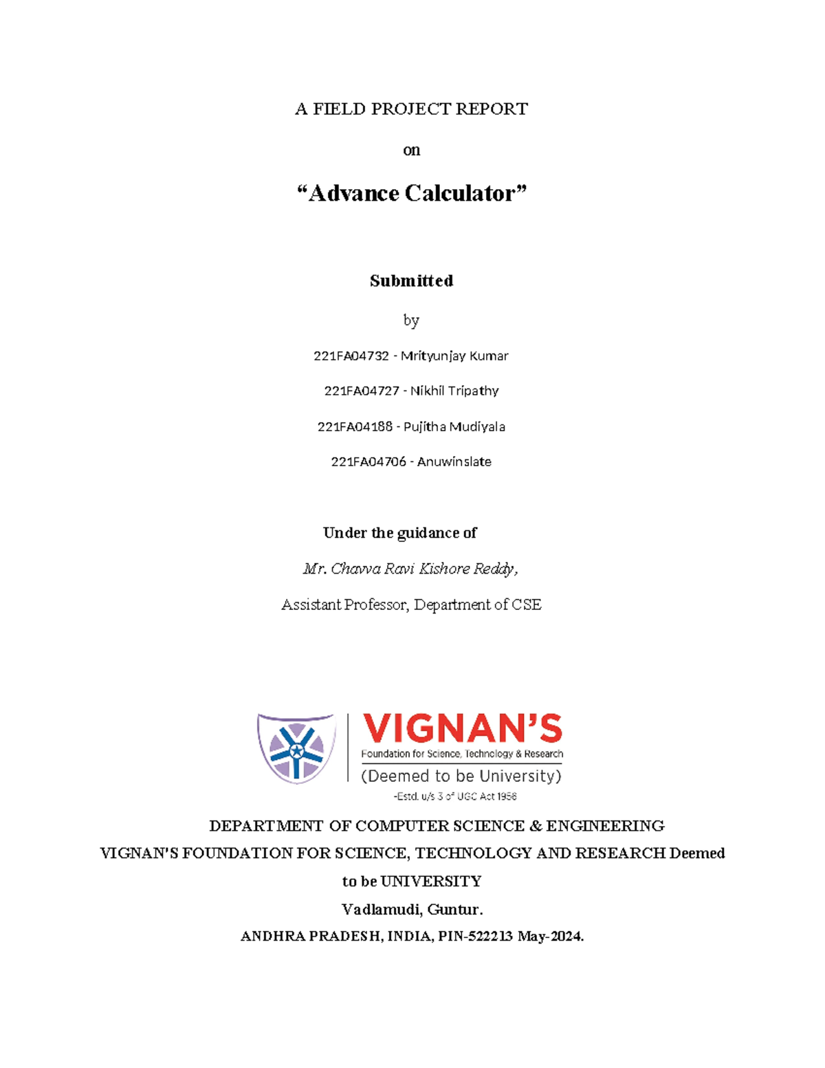 Advance Calculator Report - A FIELD PROJECT REPORT on “Advance ...