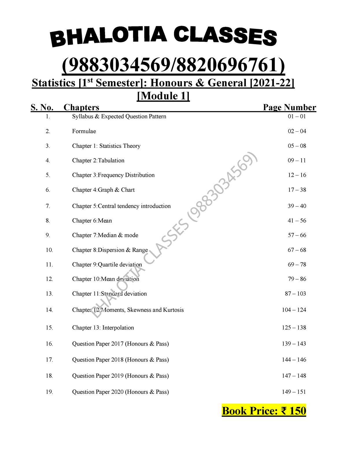 1st Sem Statistics Bhalotia Classes Notes - (9883034569/8820696761) St ...