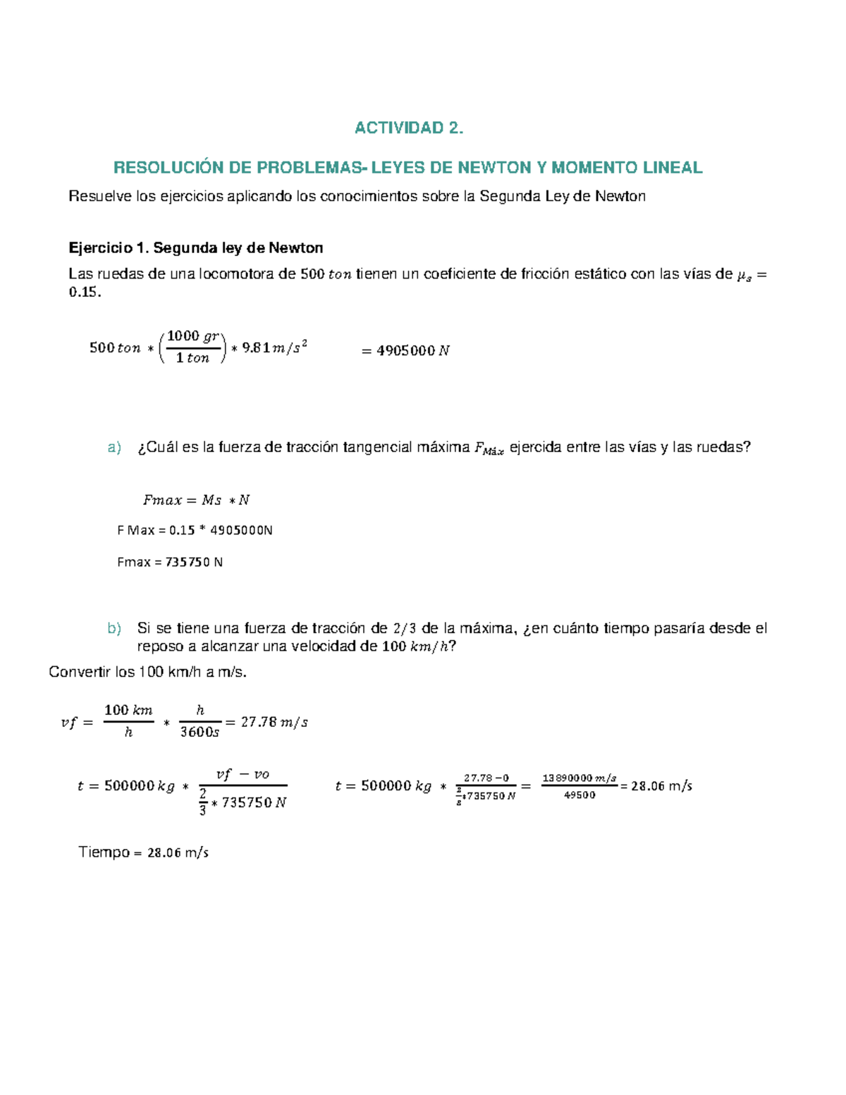 U2 Ejercicios Leyes Newton 1 - ACTIVIDAD 2. RESOLUCIÓN DE PROBLEMAS ...