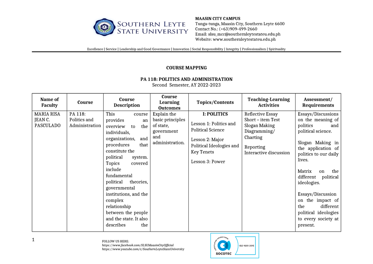 Course Mapping PA 118 - FOLLOW US HERE: facebook/SLSUMaasinCityOfficial ...