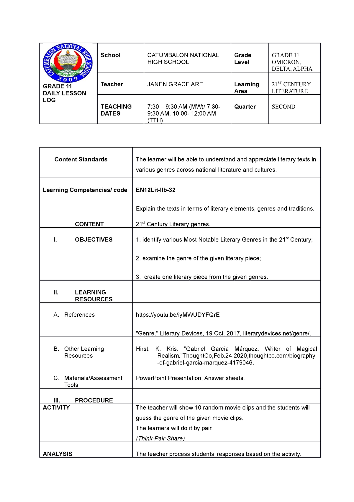 Grade 11 Lesson 3 GRADE 11 DAILY LESSON LOG School CATUMBALON