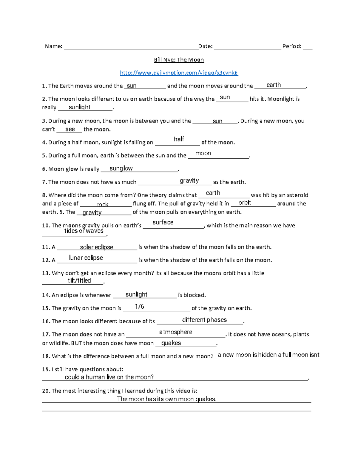 Kami Export - Bill Nye The Moon Worksheet - Name: : - Studocu
