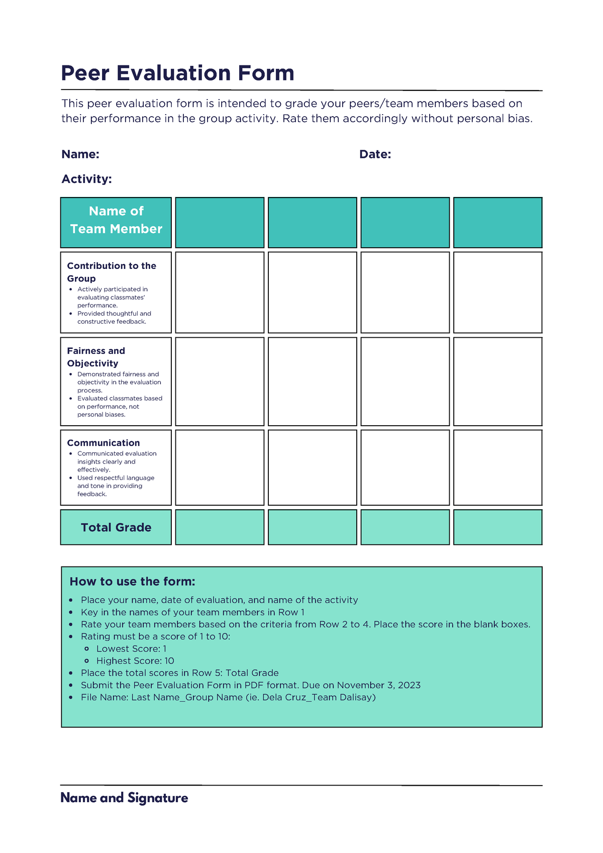 Peer Evaluation Form 1 - Name Of Team Member Actively Participated In 