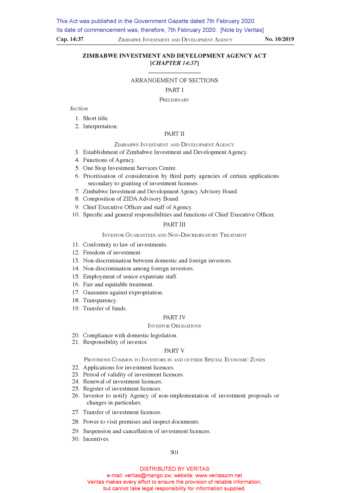 Zimbabwe Investment and Development Agency Act - Act 10-2019 - Cap. 14: ...