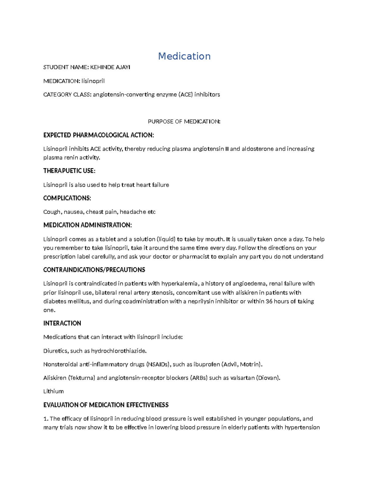 Medication lisiprool - assignment - Medication STUDENT NAME: KEHINDE ...