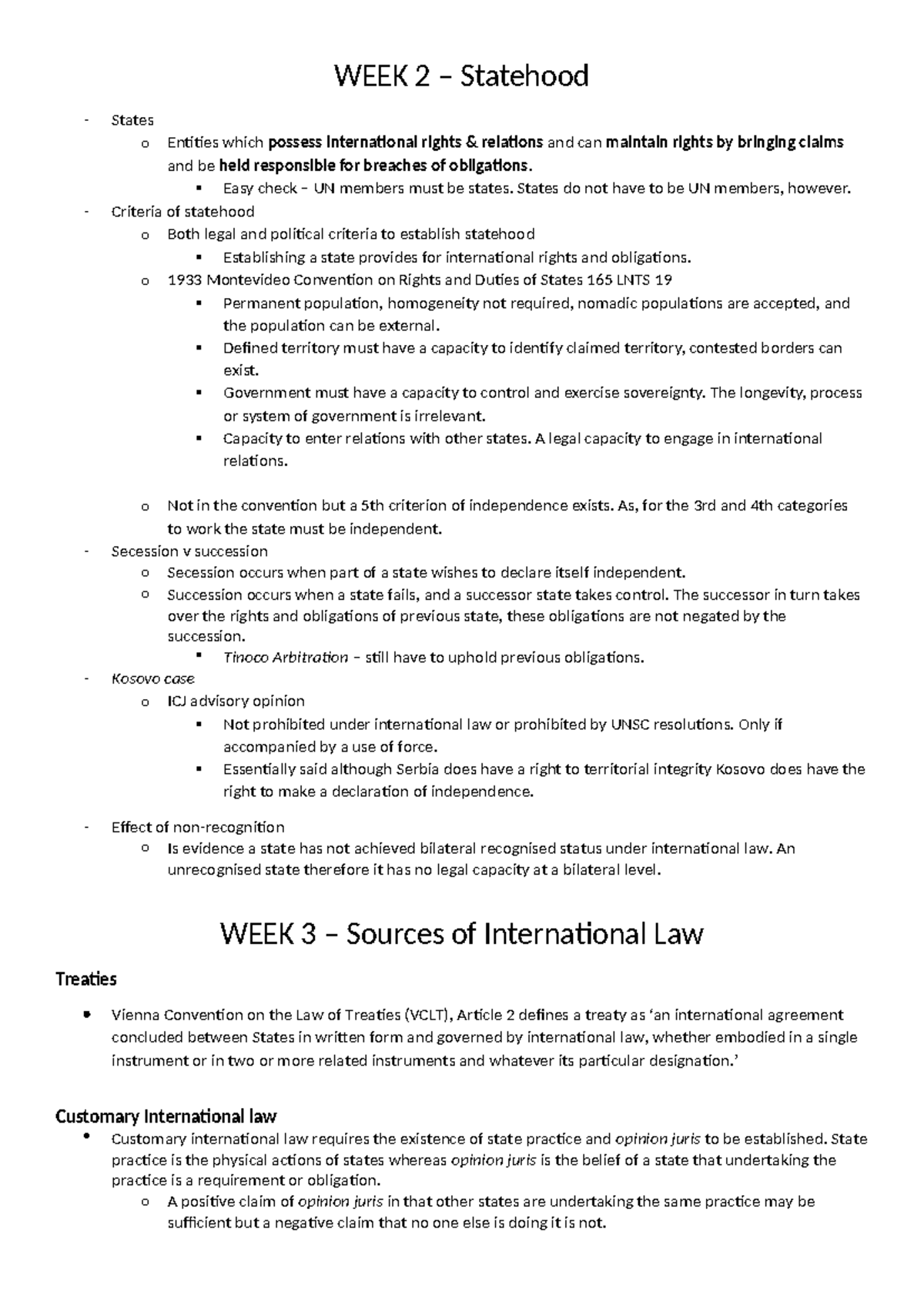 Notes for International law exam - WEEK 2 – Statehood - States o ...