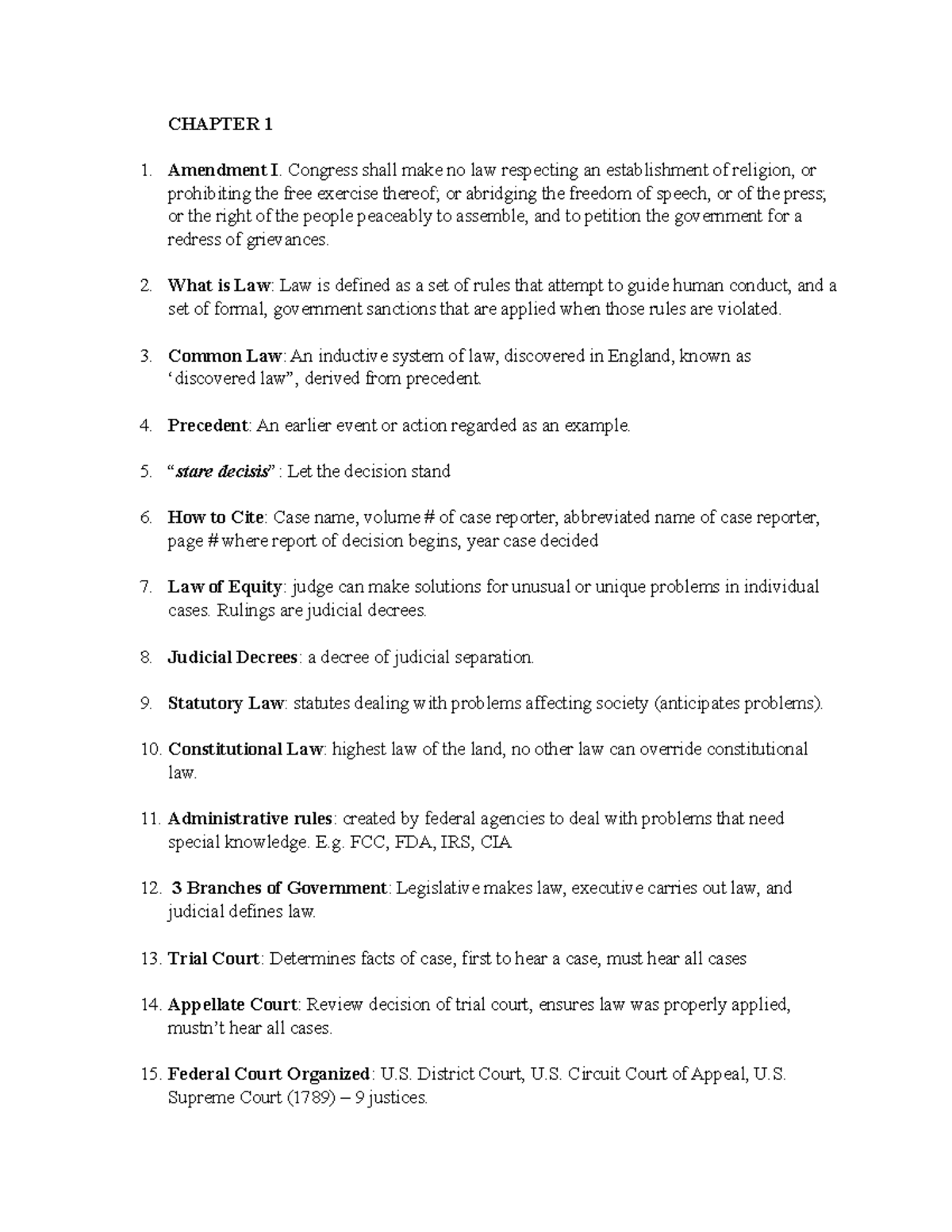 Answers For Media Law Test #1 - CHAPTER 1 Amendment I. Congress Shall ...