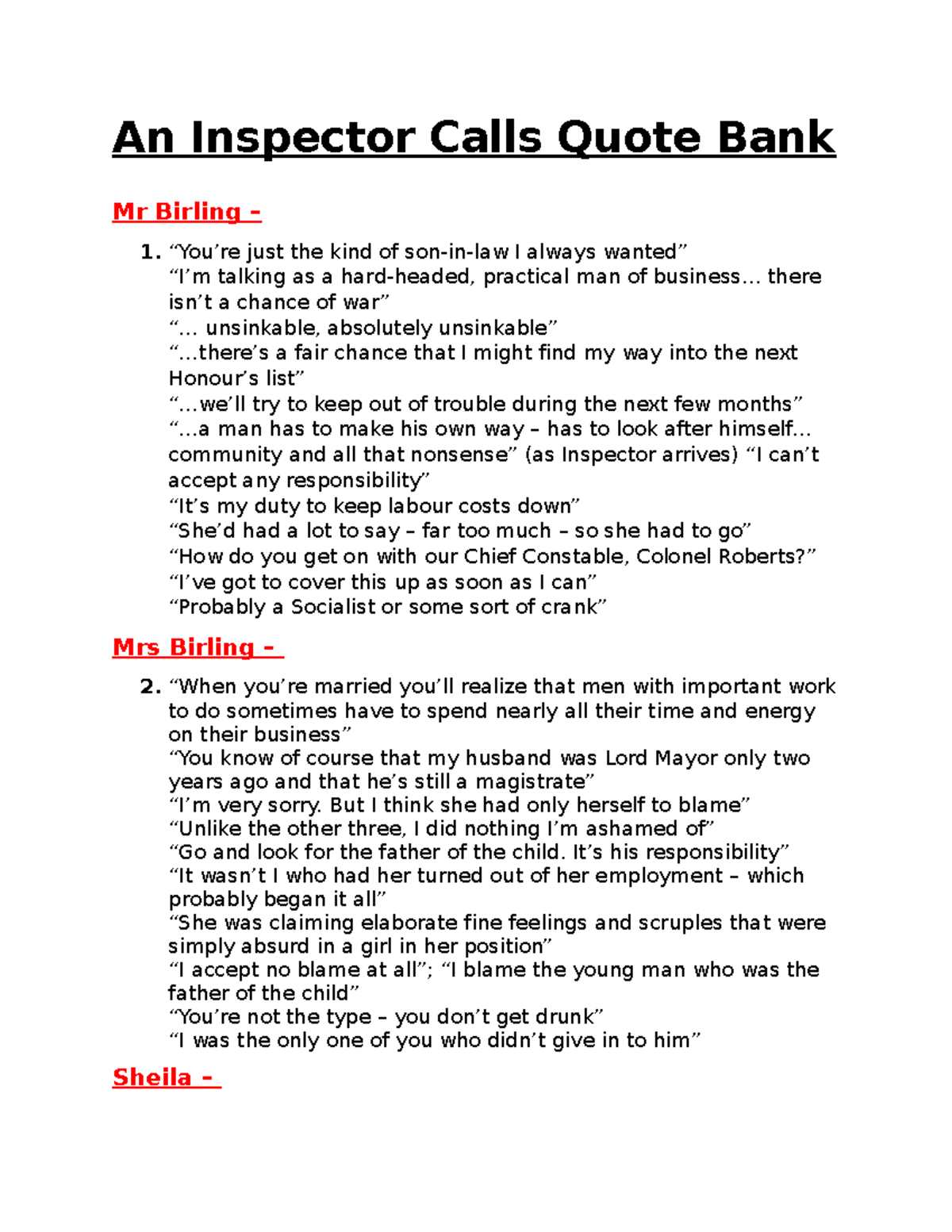 An Inspector Calls Quote Bank - .. There Isn’t A Chance Of War ...