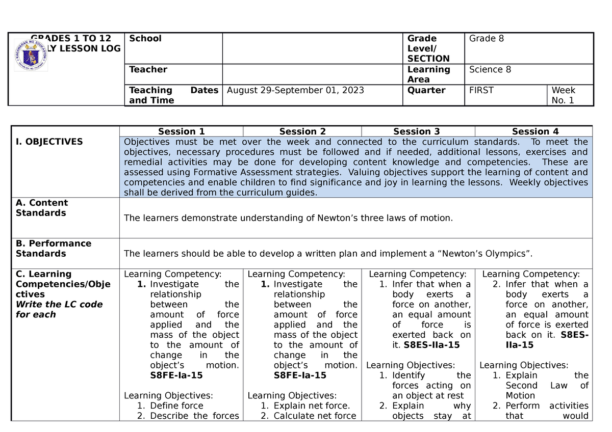 G8 Science W1 DDL - Copy - GRADES 1 TO 12 DAILY LESSON LOG School Grade ...