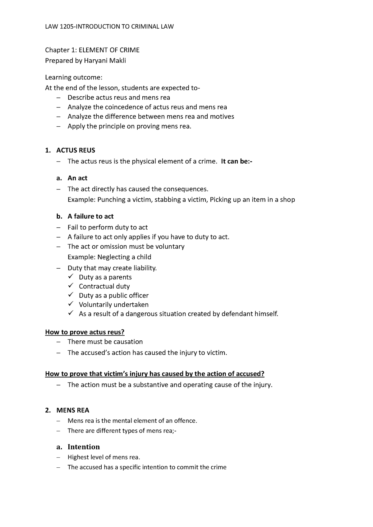 Criminal Law Chapter 1 Notes Law 1205 Introduction To Criminal Law Chapter 1 Element Of Crime 