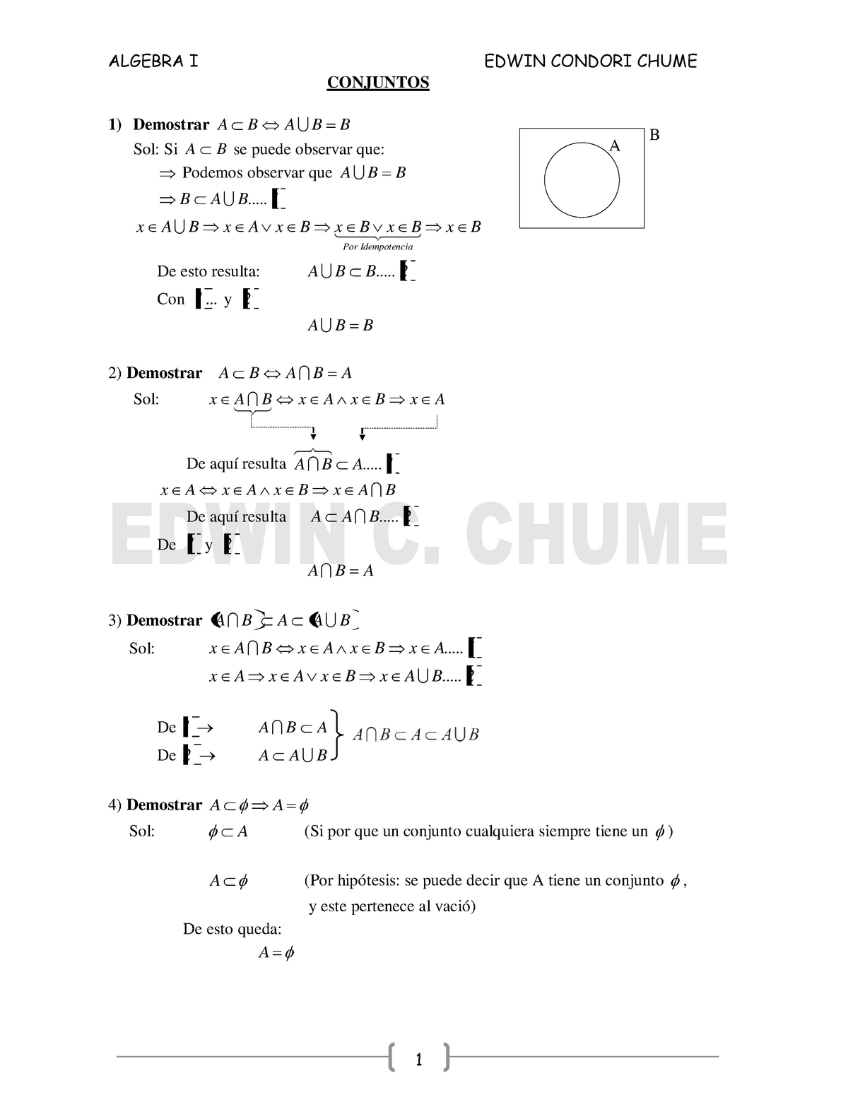 Examenes Resueltos MAT 100 1er Parcial, E. Chume - CONJUNTOS 1 ...