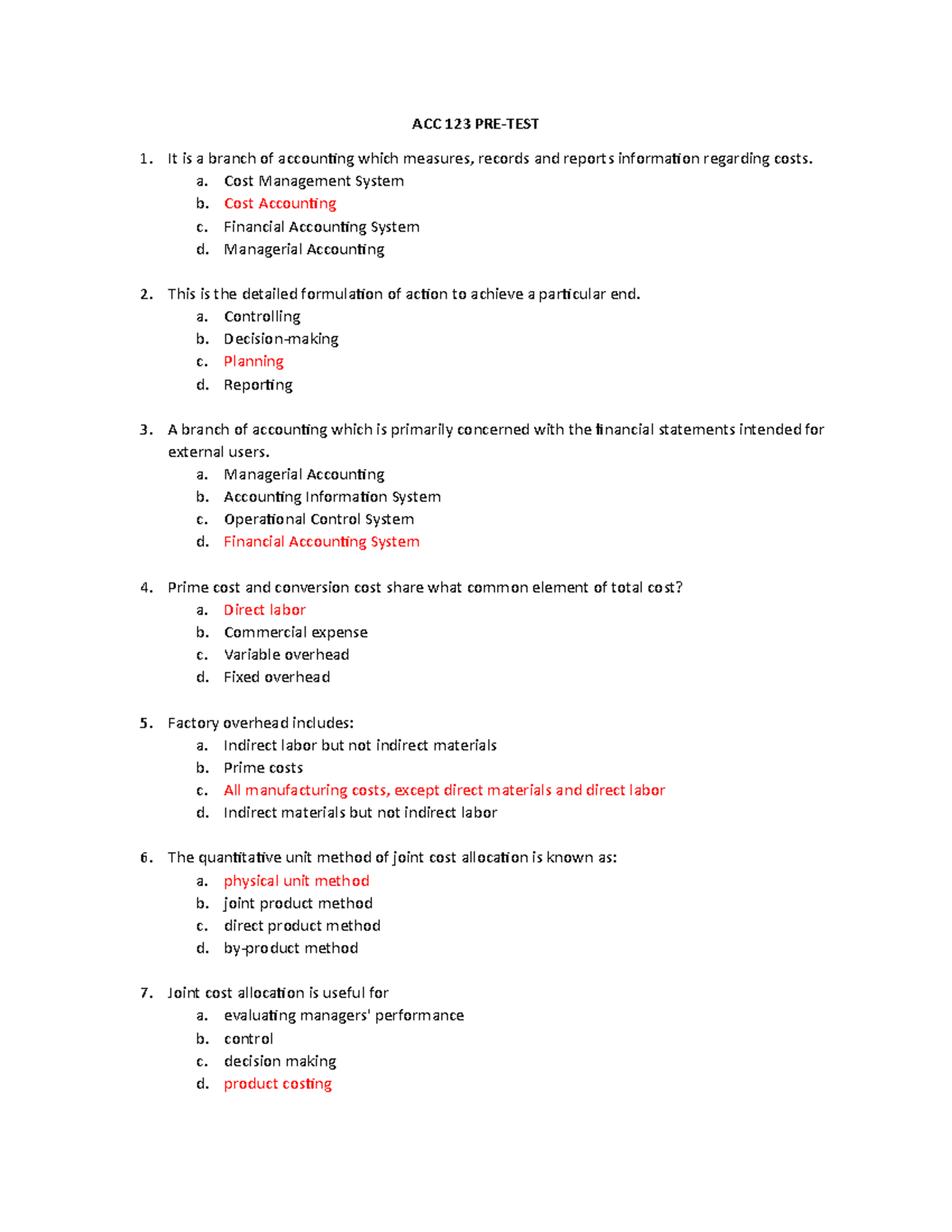 ACC123 PRE-TEST - ............................... - ACC 123 PRE-TEST It ...