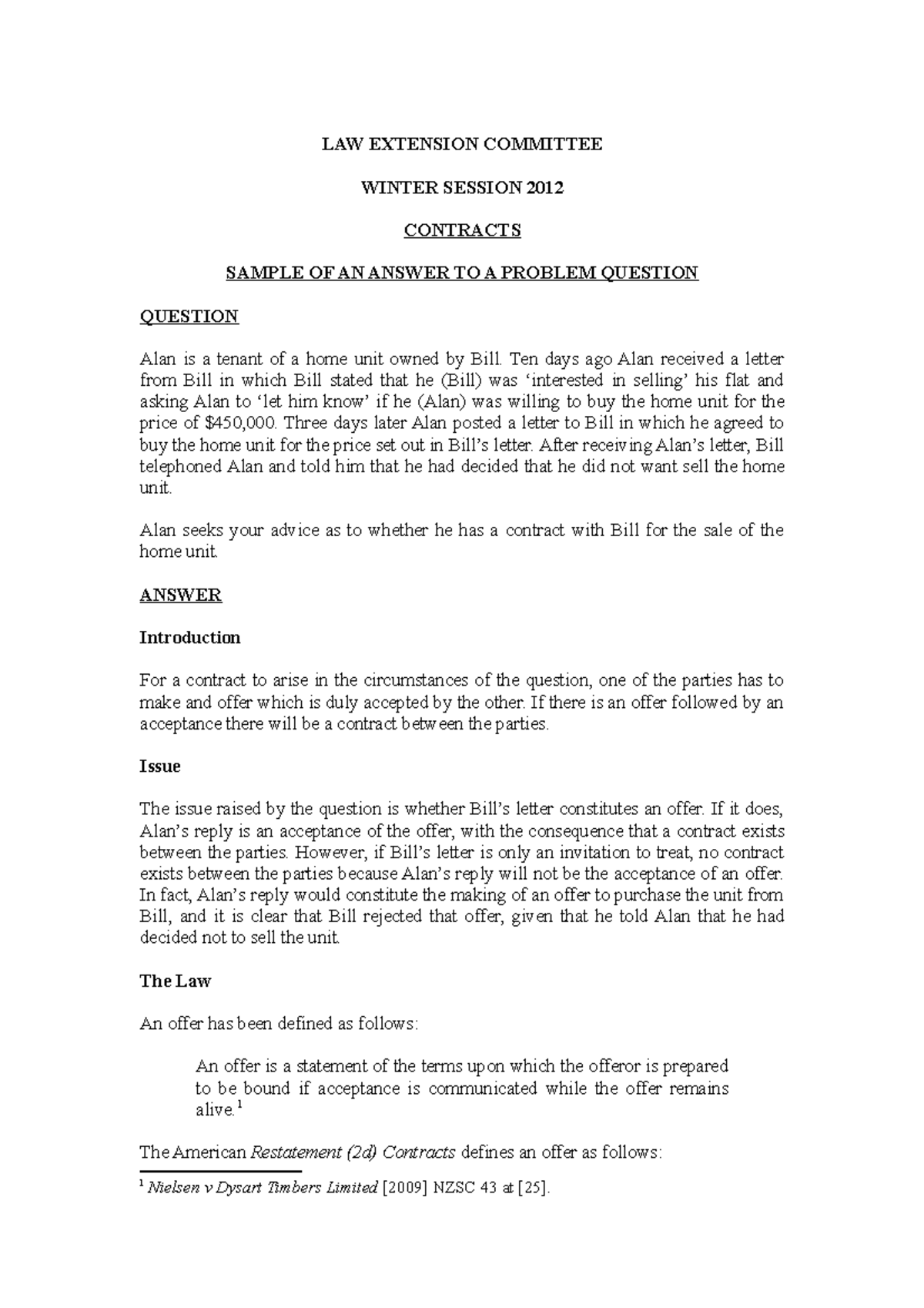 Sample contracts problem and answer - LAW EXTENSION COMMITTEE WINTER ...
