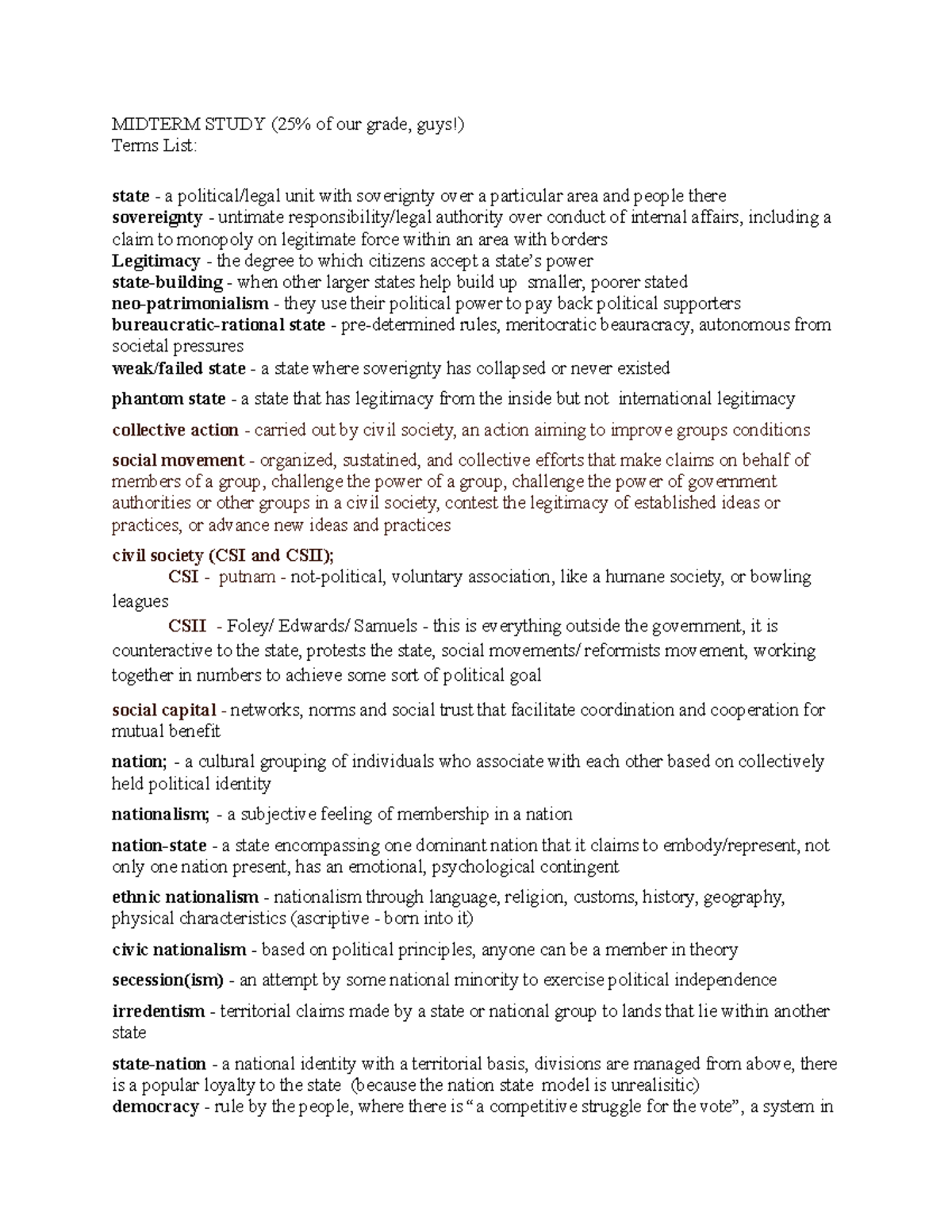 Comparative Politics Study Guide - MIDTERM STUDY (25% of our grade ...