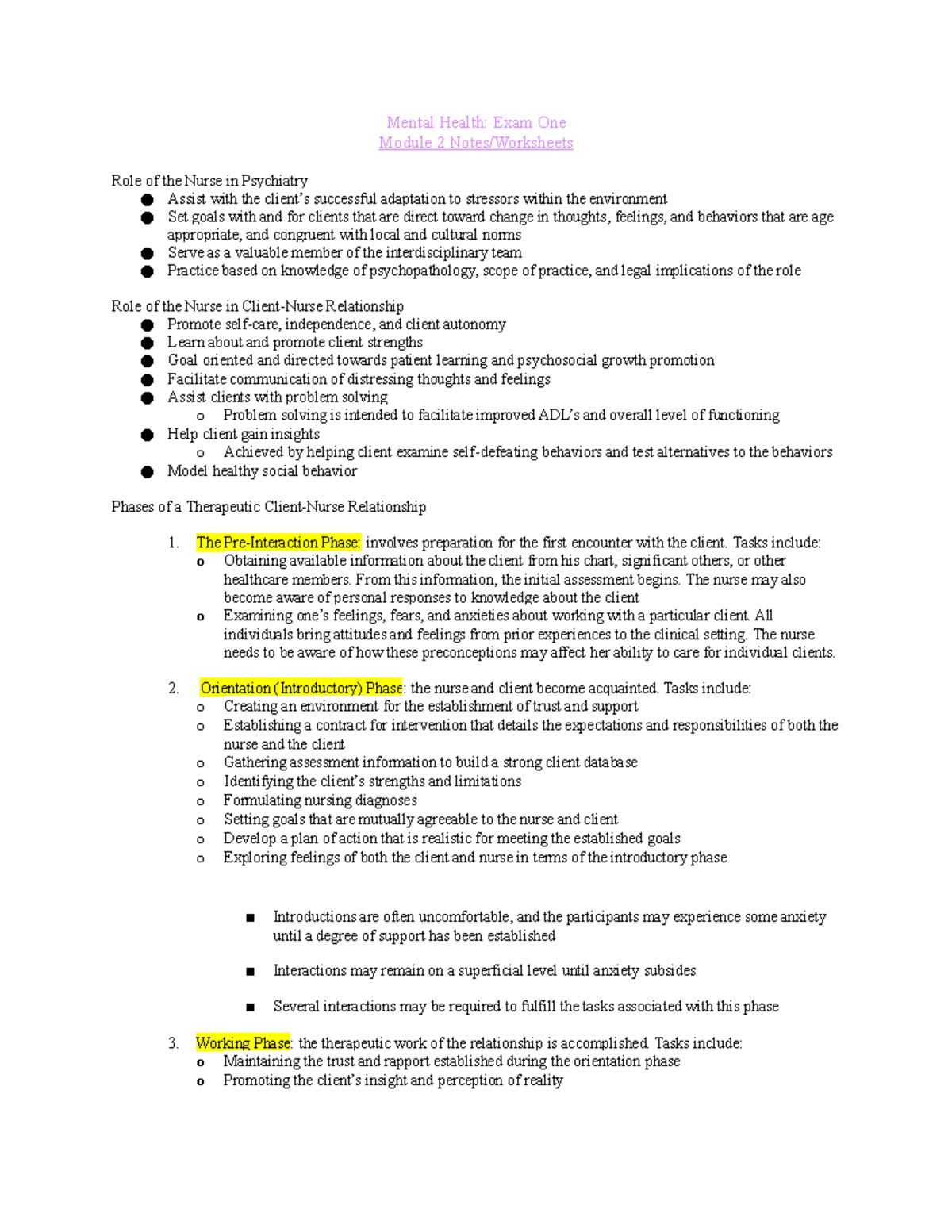 Mental Health Module 2 - Exam Study Guide - Mental Health: Exam One ...