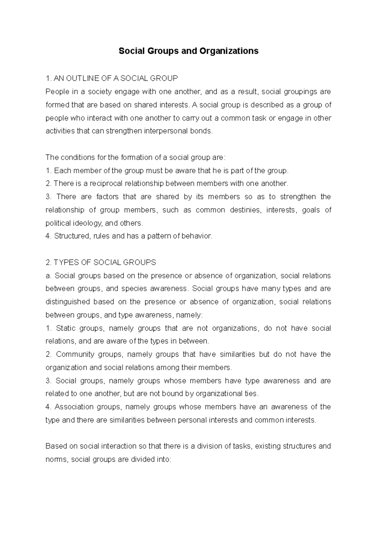 Social Groups and Organizations lecture notes Social Groups and