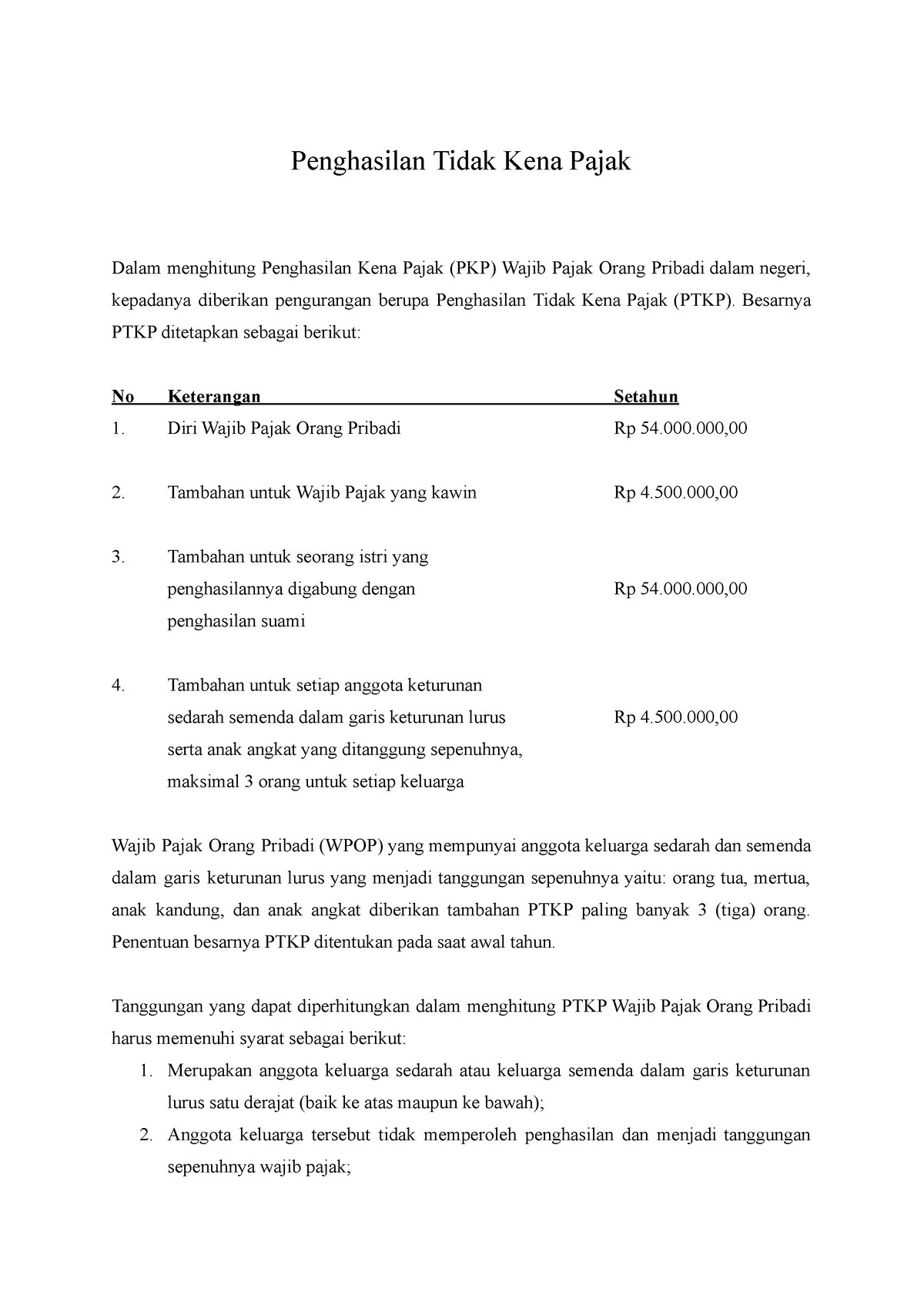 Penghasilan Tidak Kena Pajak - Besarnya PTKP Ditetapkan Sebagai Berikut ...