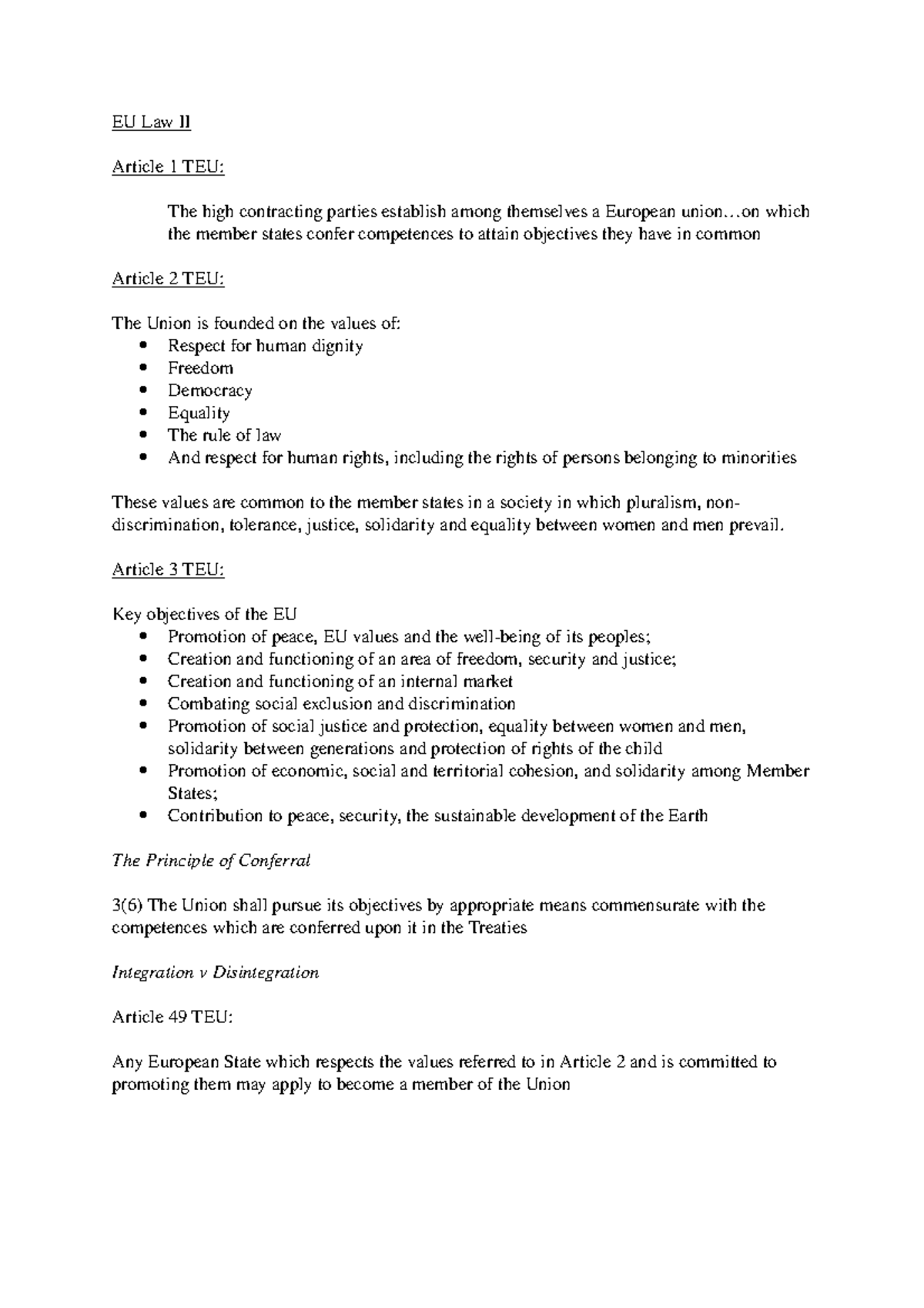 EU Law II - Lecture notes 1-5 - EU Law II Article 1 TEU: The high ...