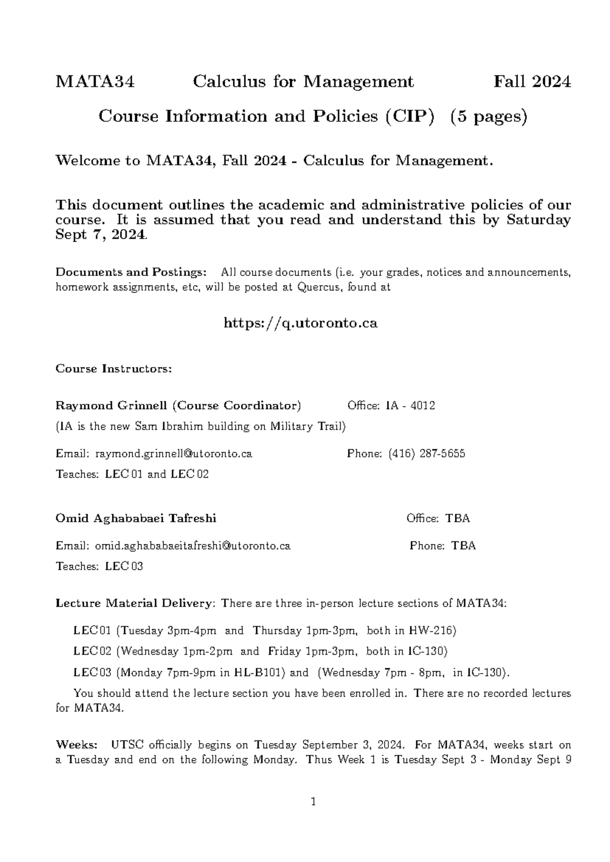 A34 Fall 2024 CIP-1 - Course Info - MATA34 Calculus for Management Fall ...