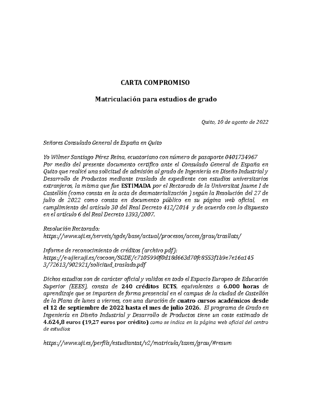 Carta Compromiso Curso de Actualizacion - CARTA COMPROMISO ...