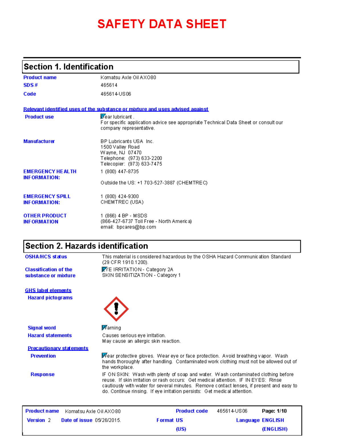 MSDS komastu axle oil axo80 Komatsu Axle Oil AXO SAFETY DATA SHEET