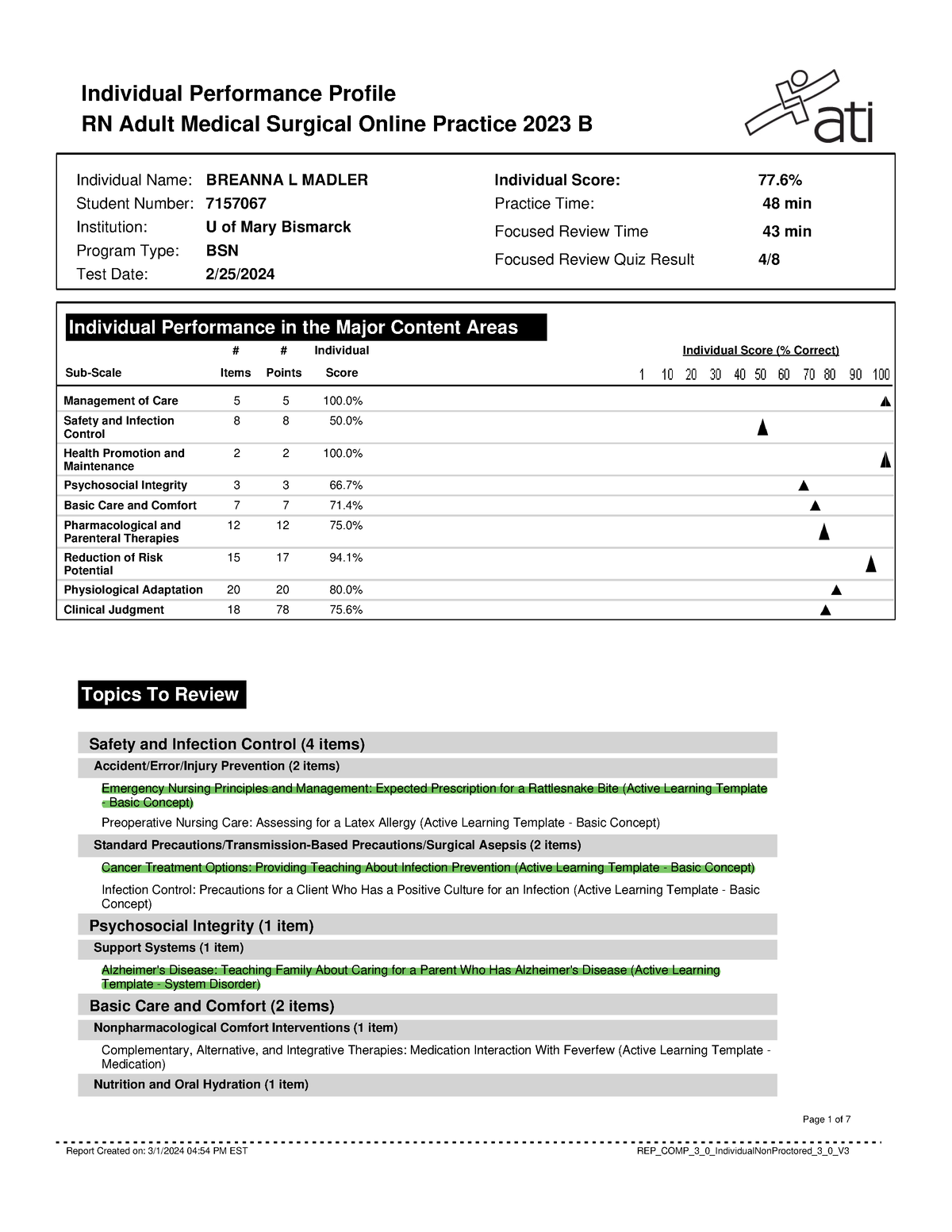 Med Surg B - ATI Practice - Individual Performance Profile RN Adult ...