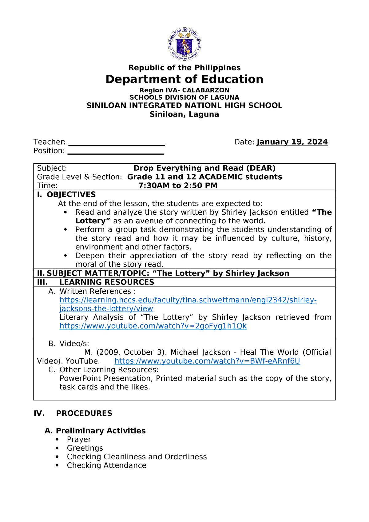 READING MATERIALS - Republic of the Philippines Department of Education ...