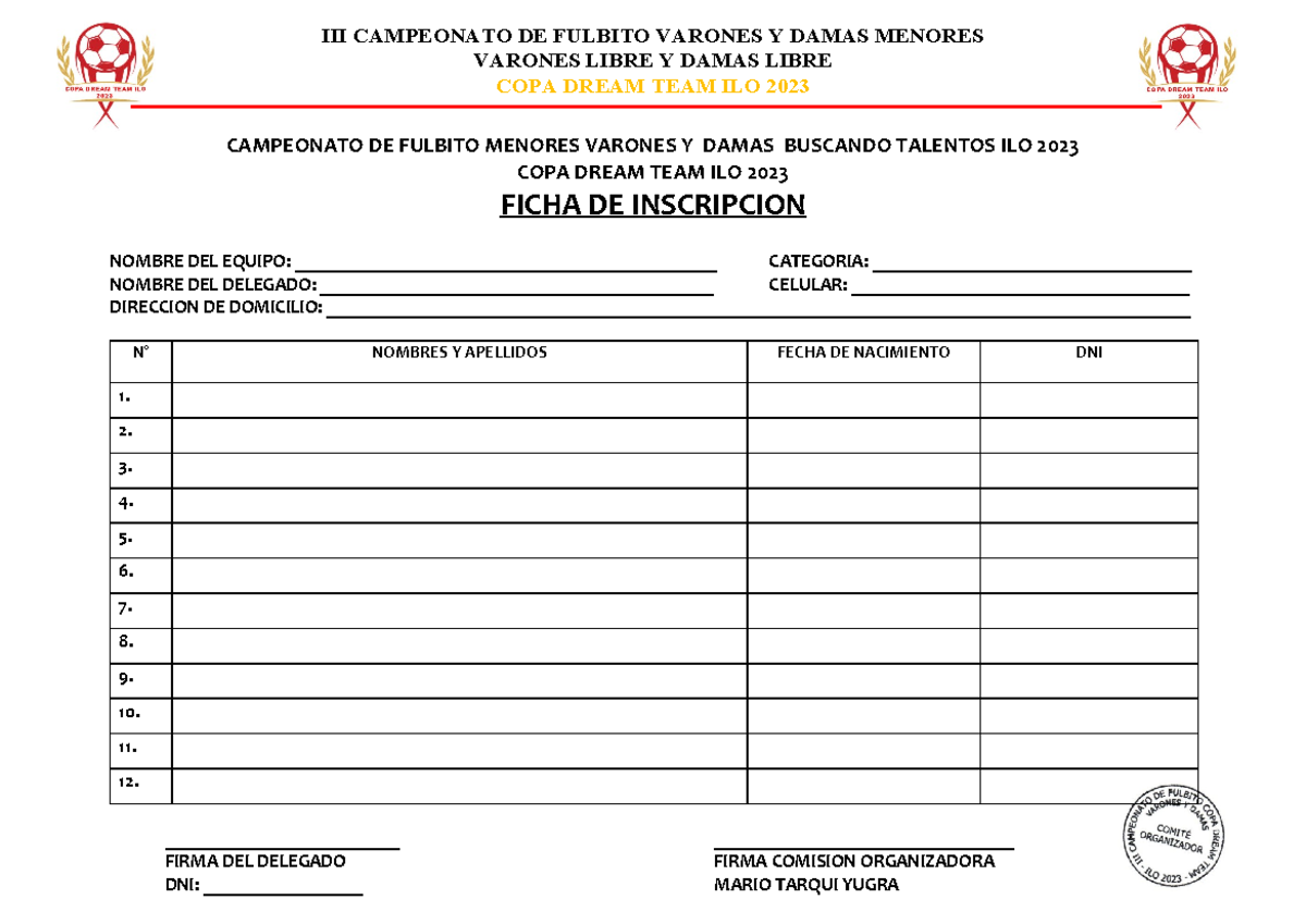 Ficha DE Inscripcion - III CAMPEONATO DE FULBITO VARONES Y DAMAS