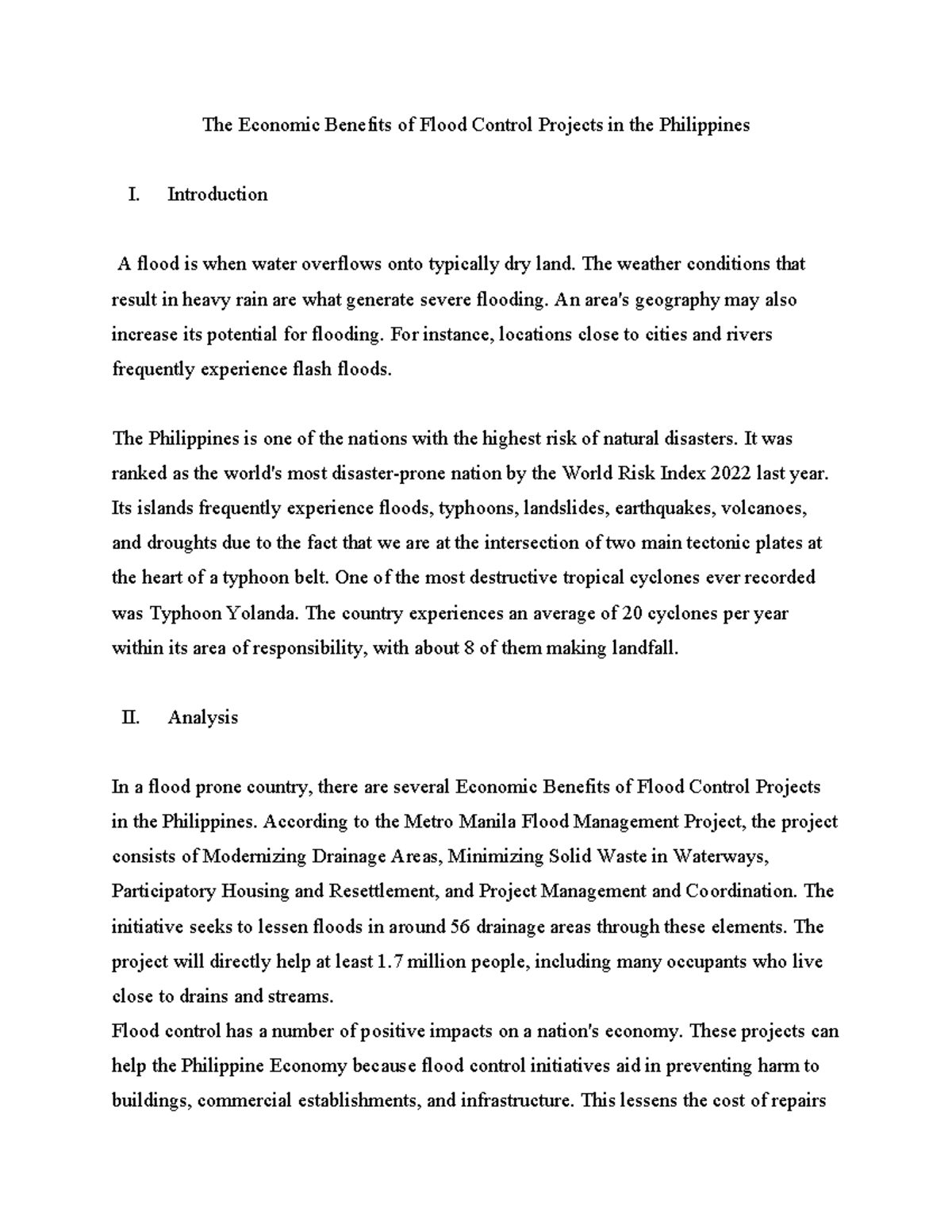 Analysis Paper The Economic Benefits of Flood Control Projects in the