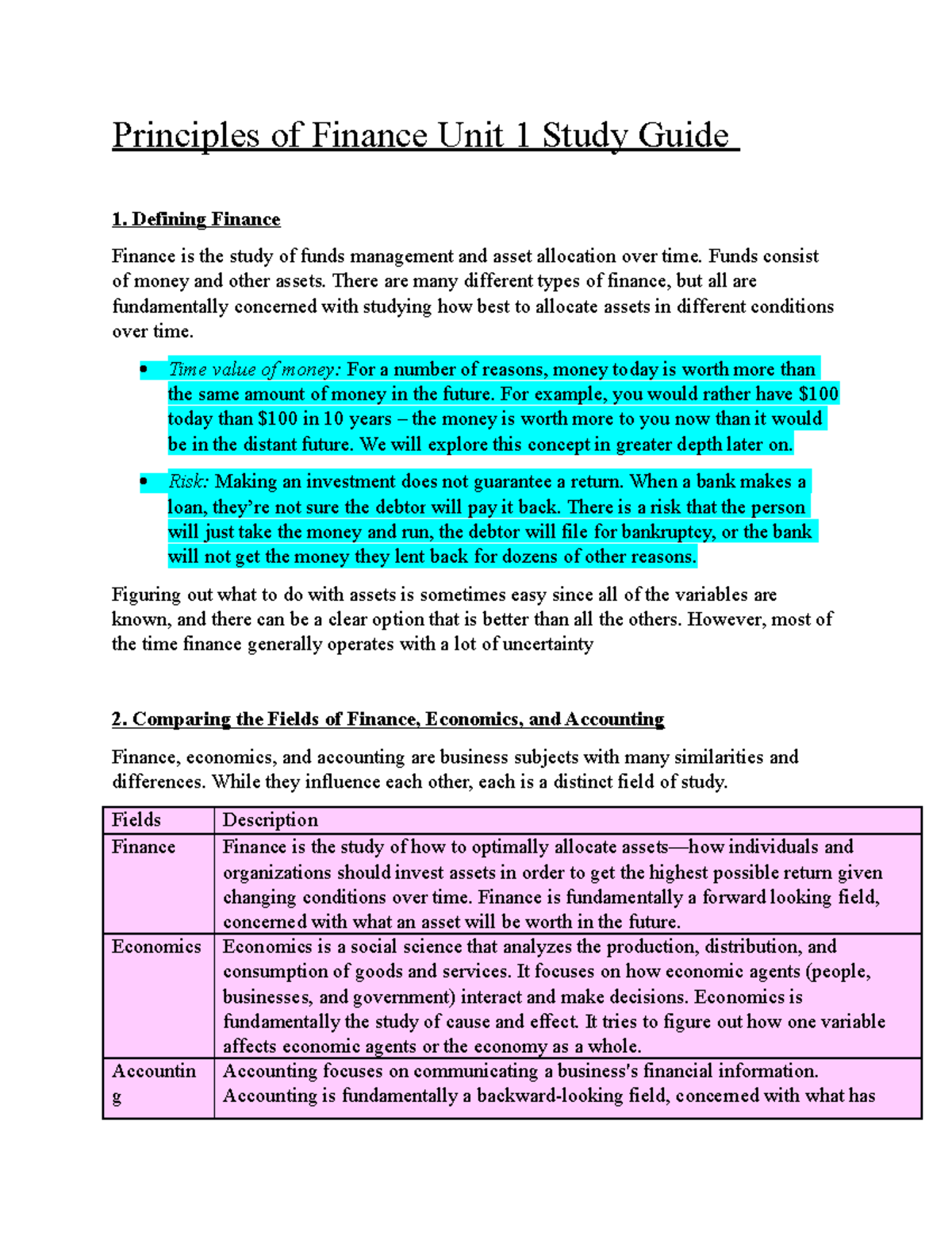 Principles of Finance Unit 1 Study Guide - Defining Finance Finance is ...