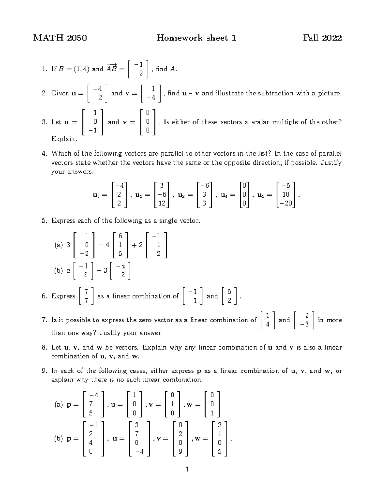 M2050 a1 - math - MATH 2050 Homework sheet 1 Fall 2022 If B = (1, 4 ...