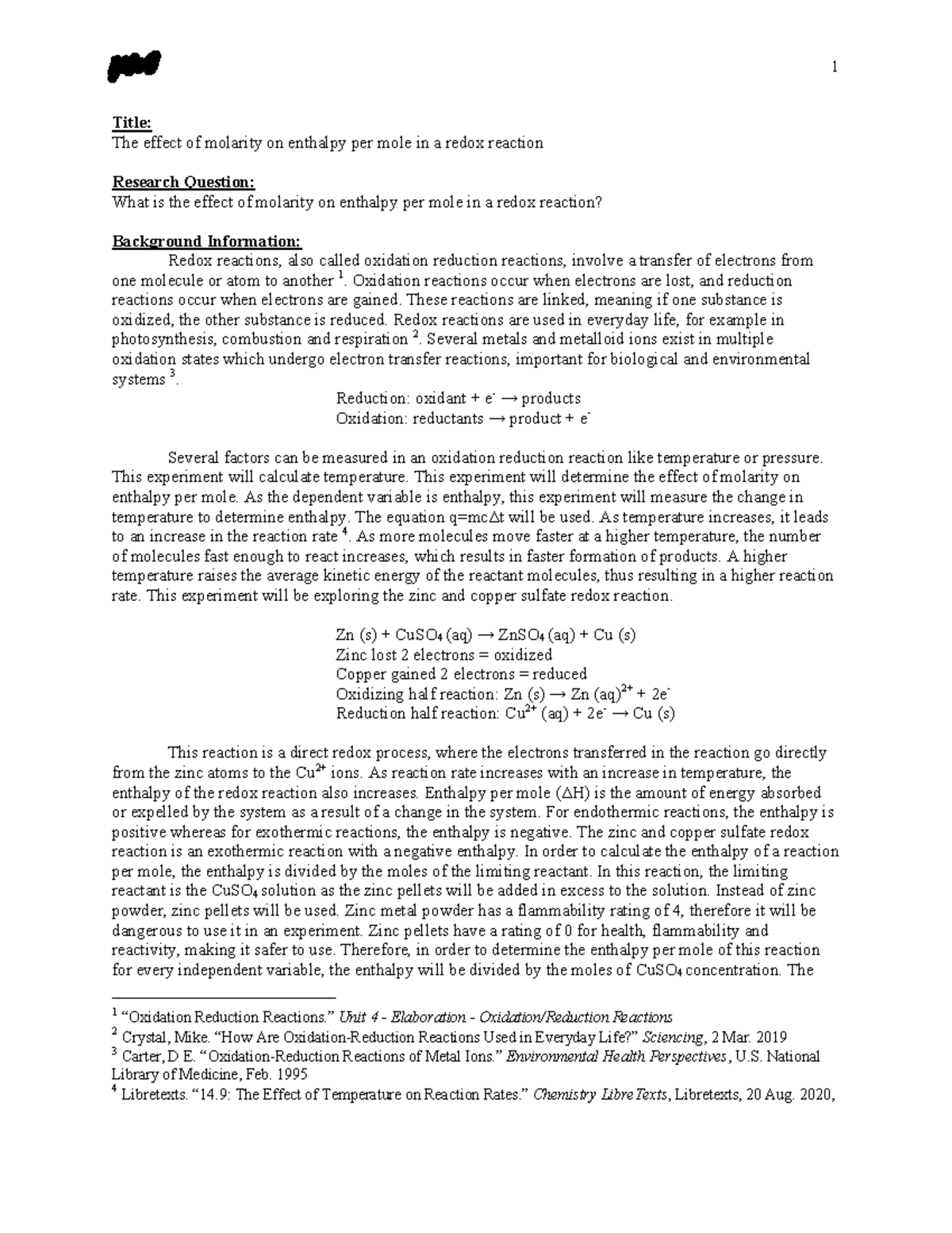 Chem ia - chemistry sample ia on redox reaction - Title: The effect of ...