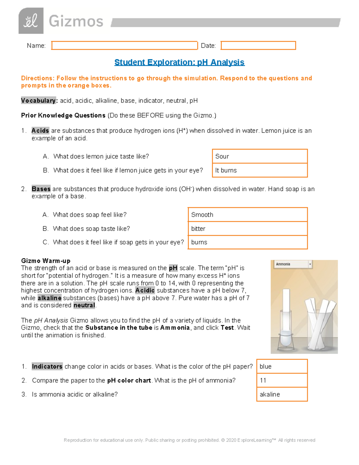 Gizmo Acids and BasespH Analysis SE Name Date Student Exploration pH Analysis Directions