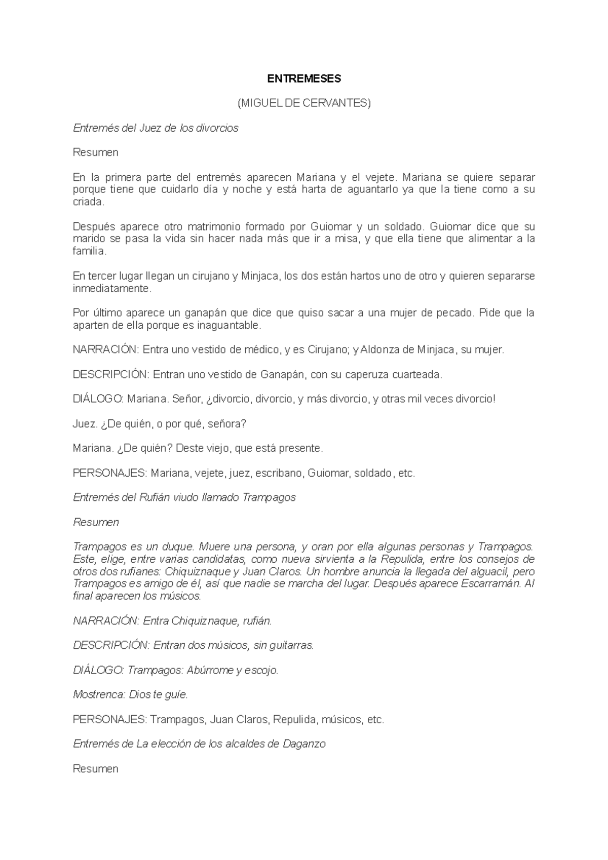 Entremeses Resumen Del Libro De Cervantes Entremeses Miguel De Cervantes Entremes Del Juez De Studocu