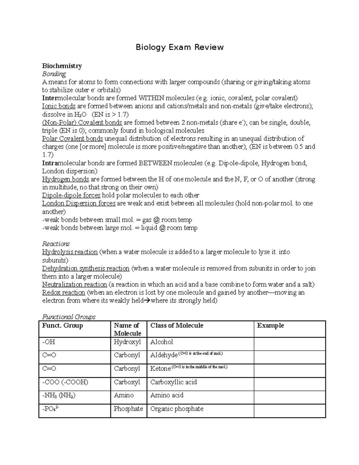 Biology Exam Review - Biology Exam Review Biochemistry Bonding A Means ...