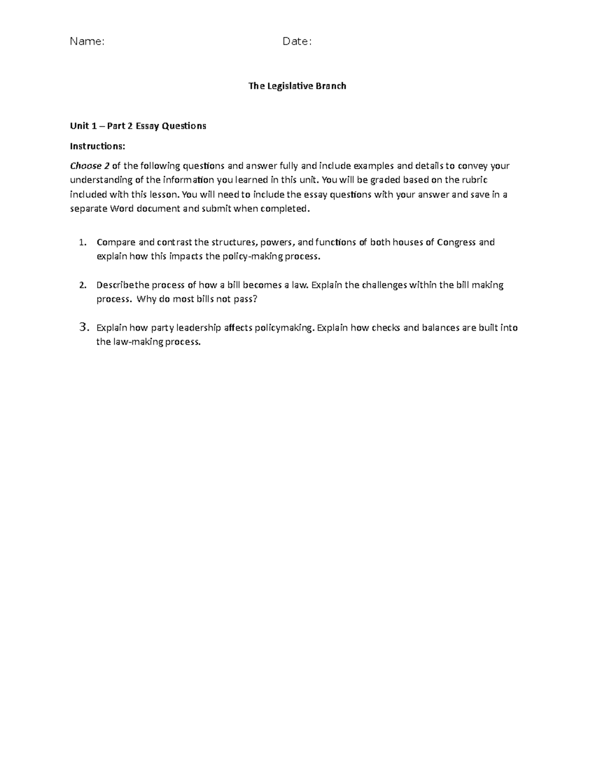 Govt B - Unit 1 Essay Questions - The Legislative Branch - Name: Date ...