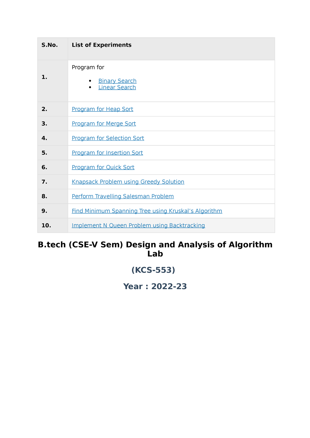 DAA LAB Manual 202223 Easy to everyone S. List of Experiments 1