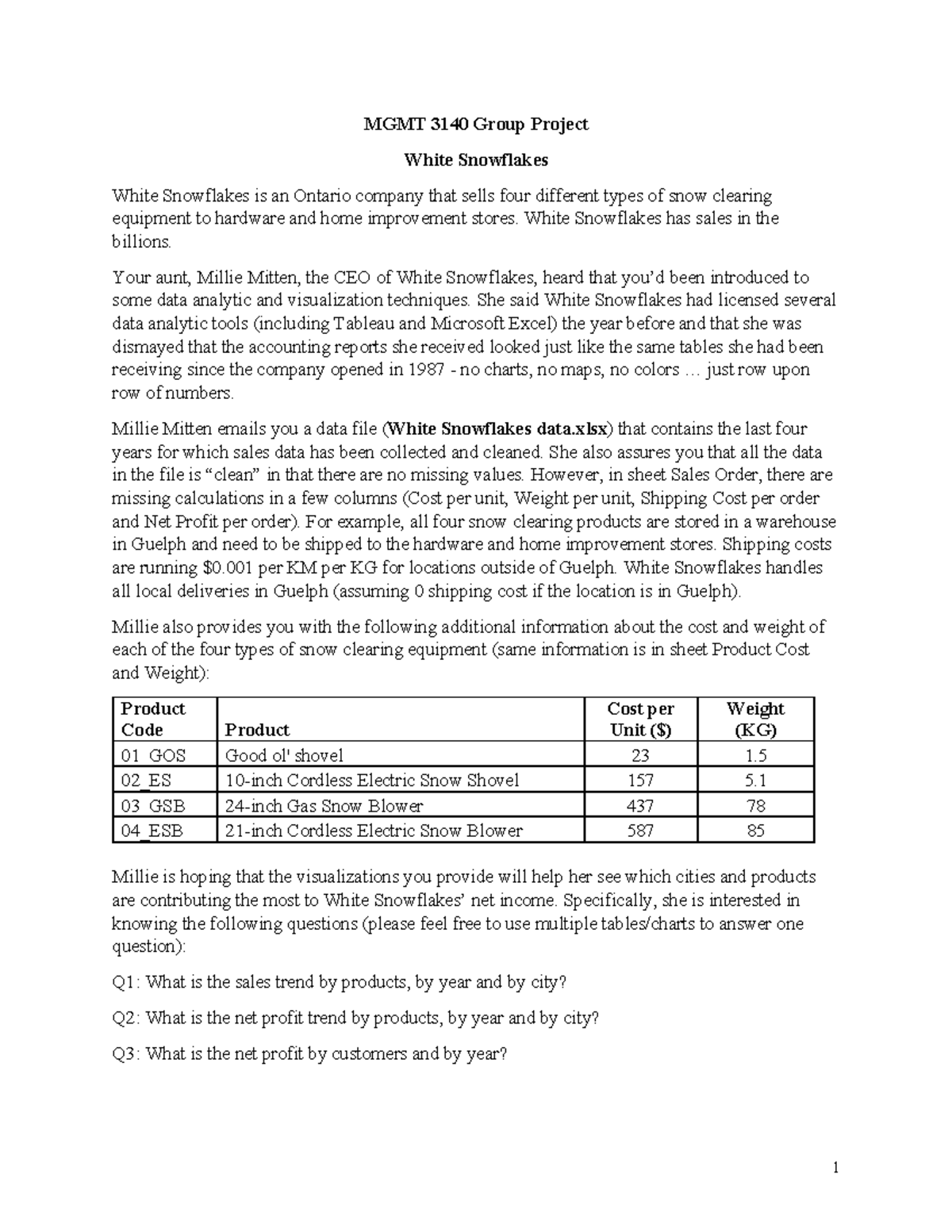 Group Prject White Snowflakes Case Requirements 1 MGMT 3140 Group