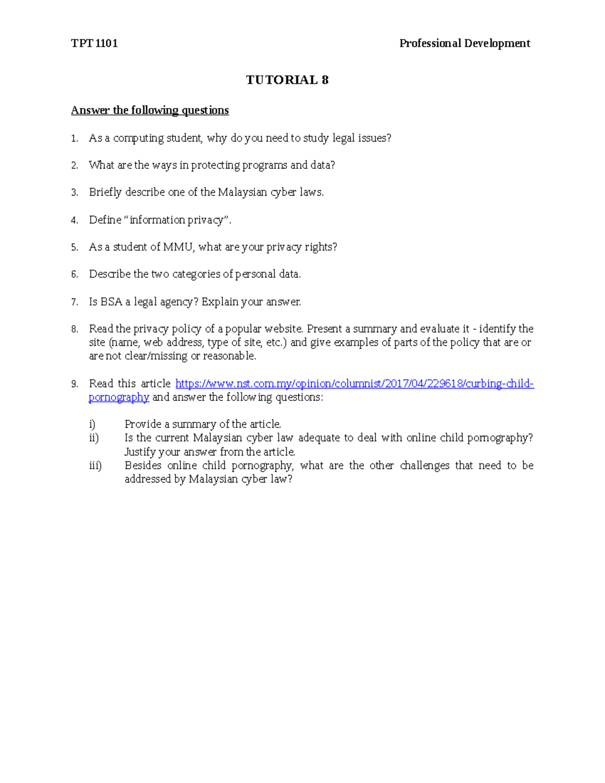 Tutorial-8 Question (Information and the Law ) - TPT1101 Professional ...