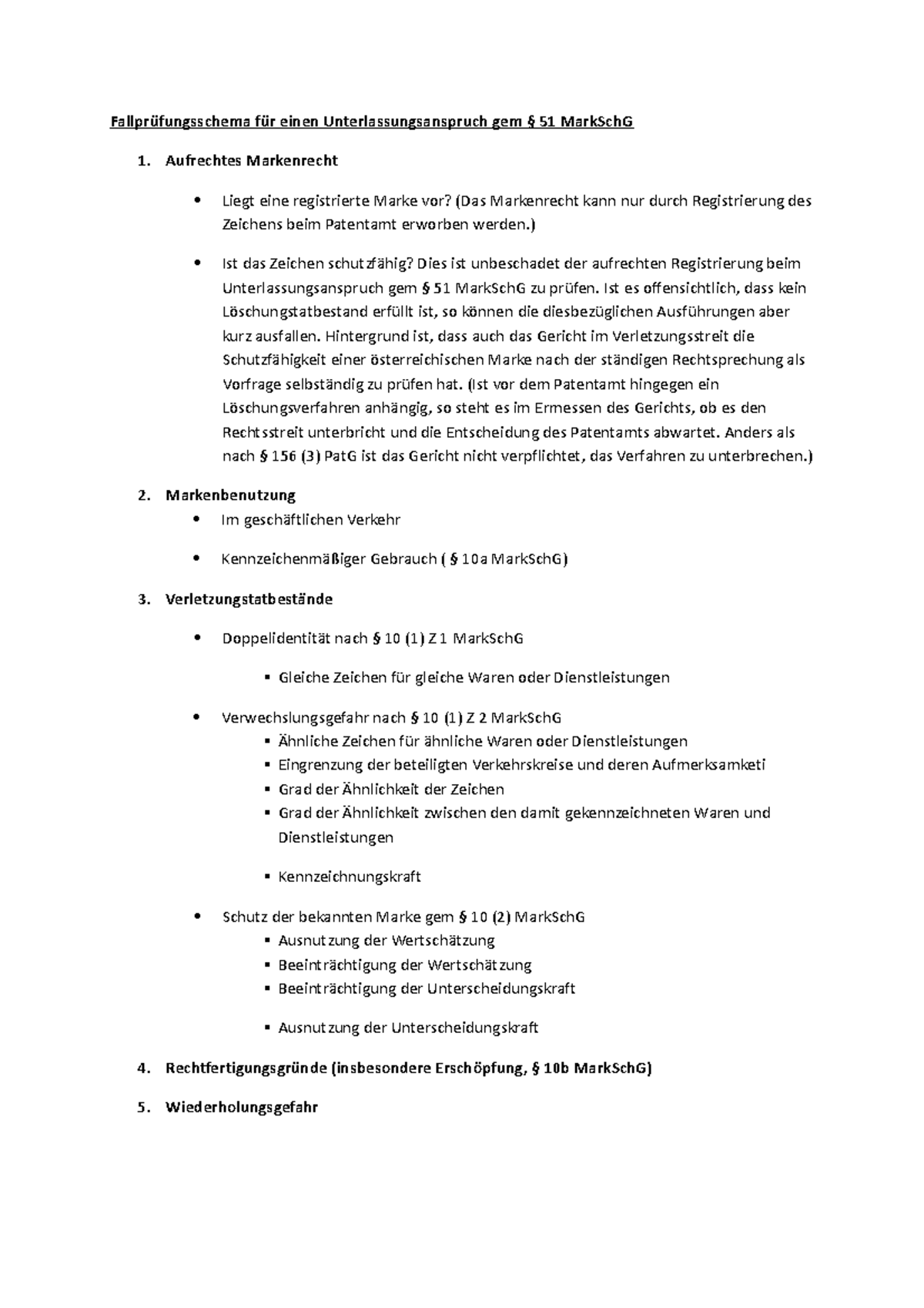 Fallprüfungsschema für einen Unterlassungsanspruch gem § 51 Mark Sch G