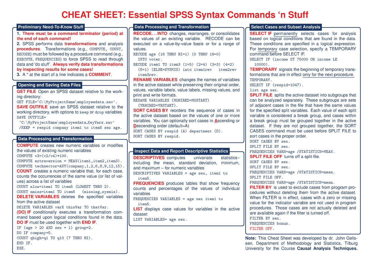 SPSS Cheat Sheet V1 - CHEAT SHEET: Essential SPSS Syntax Commands ‘n ...