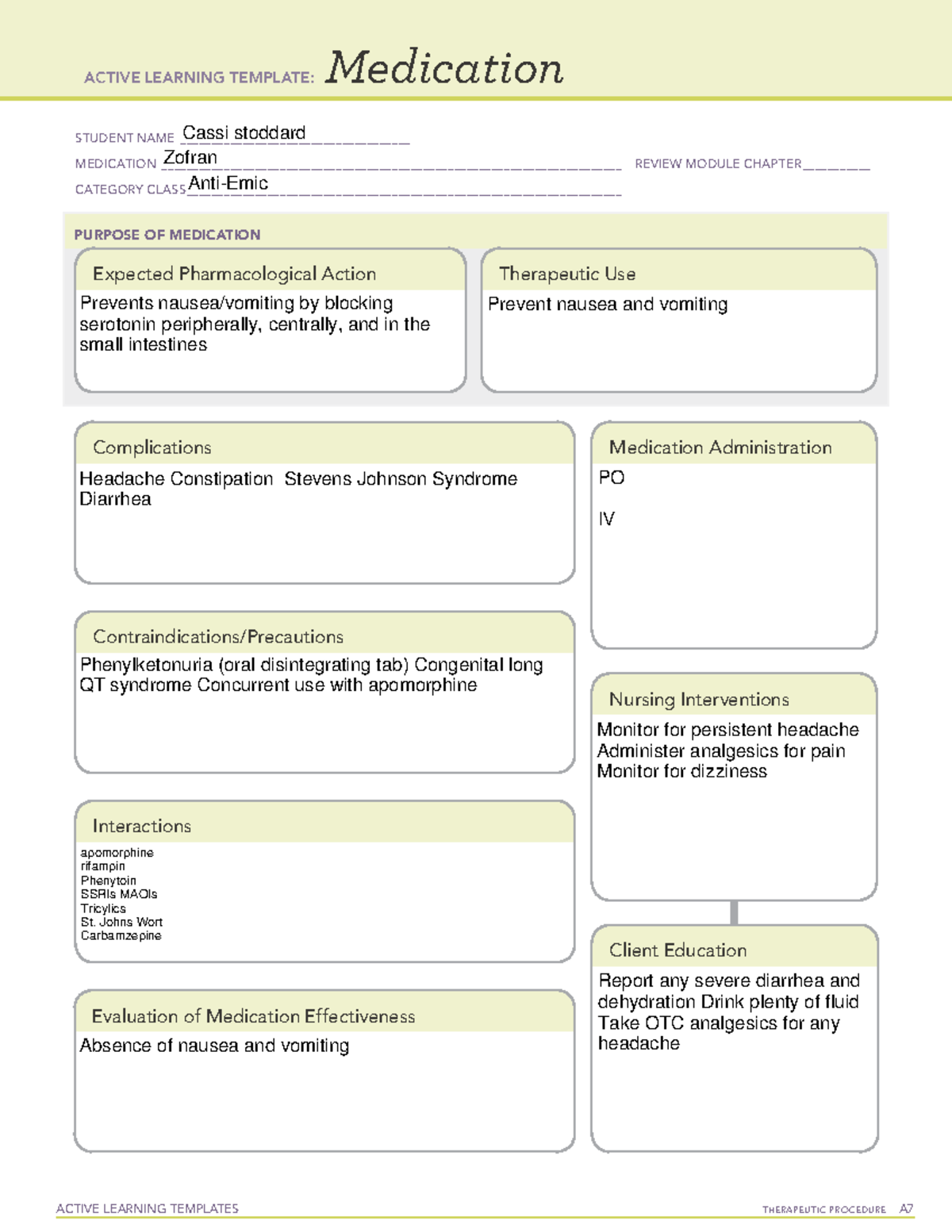 Zofran ATI template ACTIVE LEARNING TEMPLATES TherapeuTic procedure