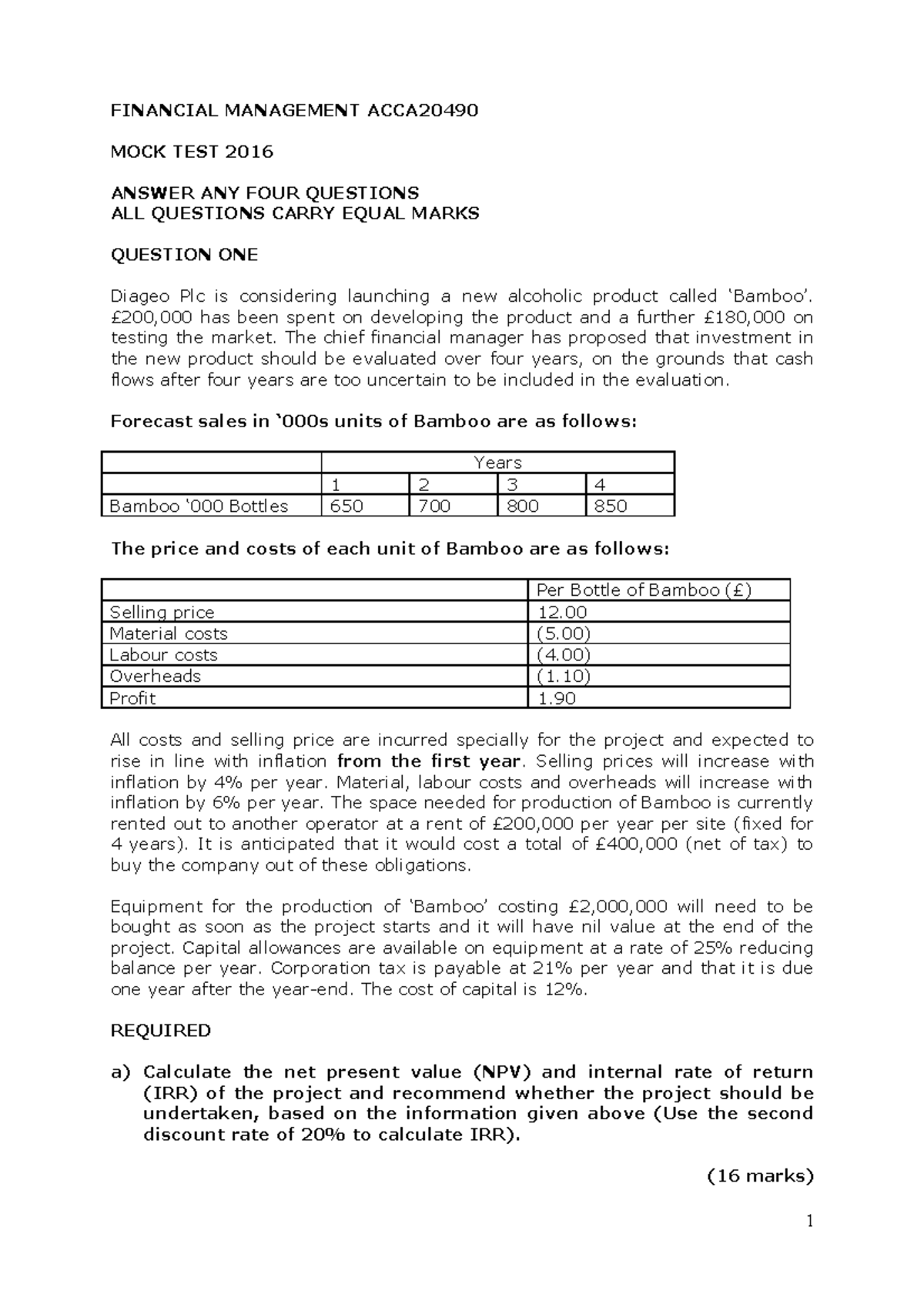 Test 2016 - FINANCIAL MANAGEMENT ACCA MOCK TEST 2016 ANSWER ANY FOUR ...