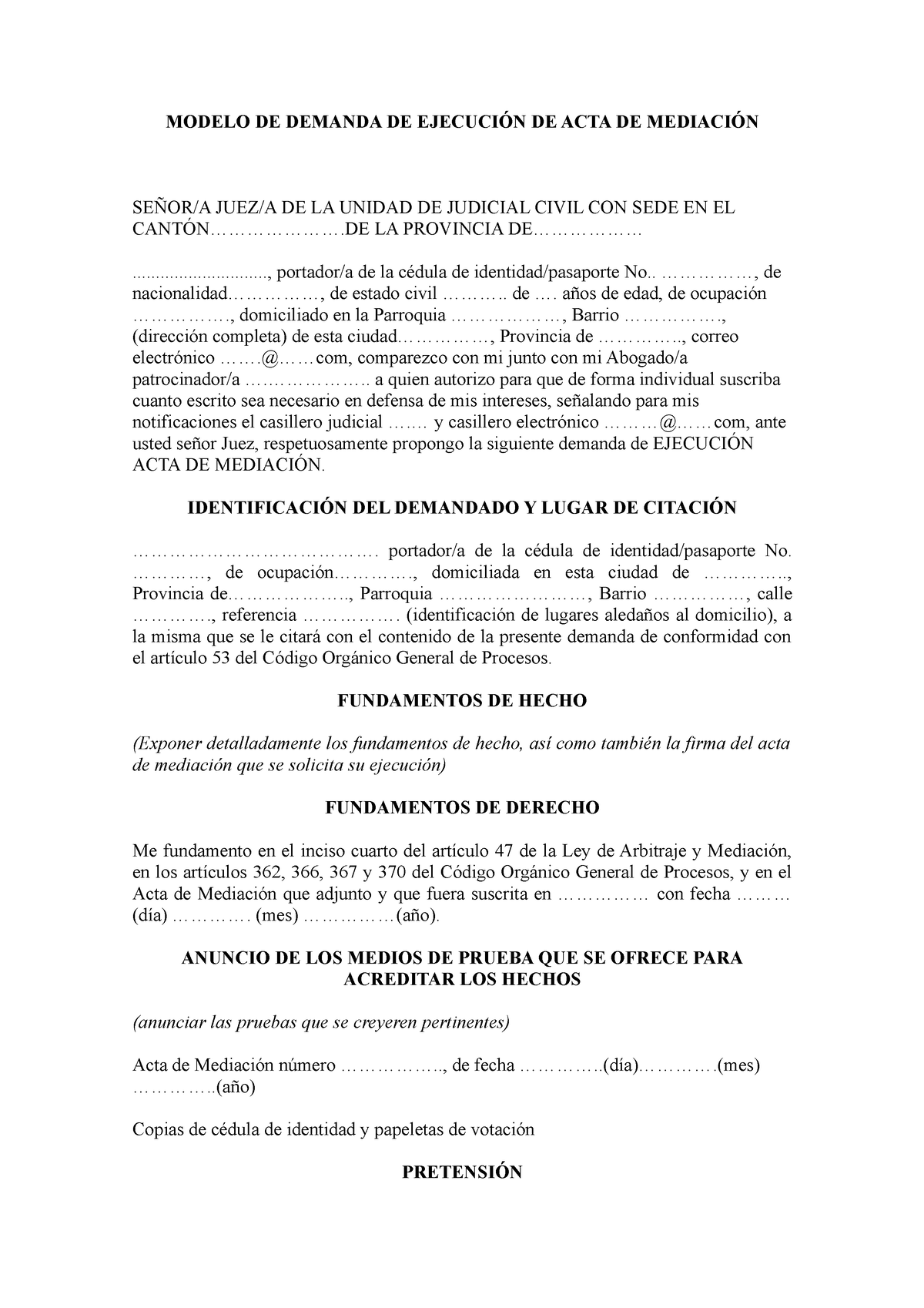 Demanda De Ejecucion De Acta De Mediacion Modelo De Demanda De