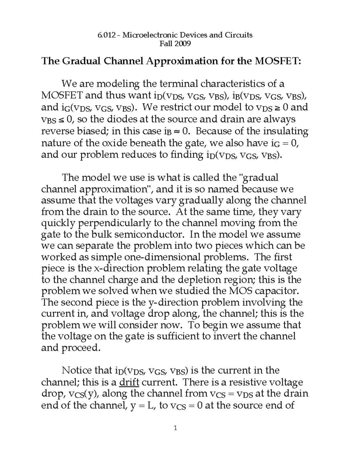 Digital Elec - Gradual channel approximation for MOSFETs Notes - 6 ...