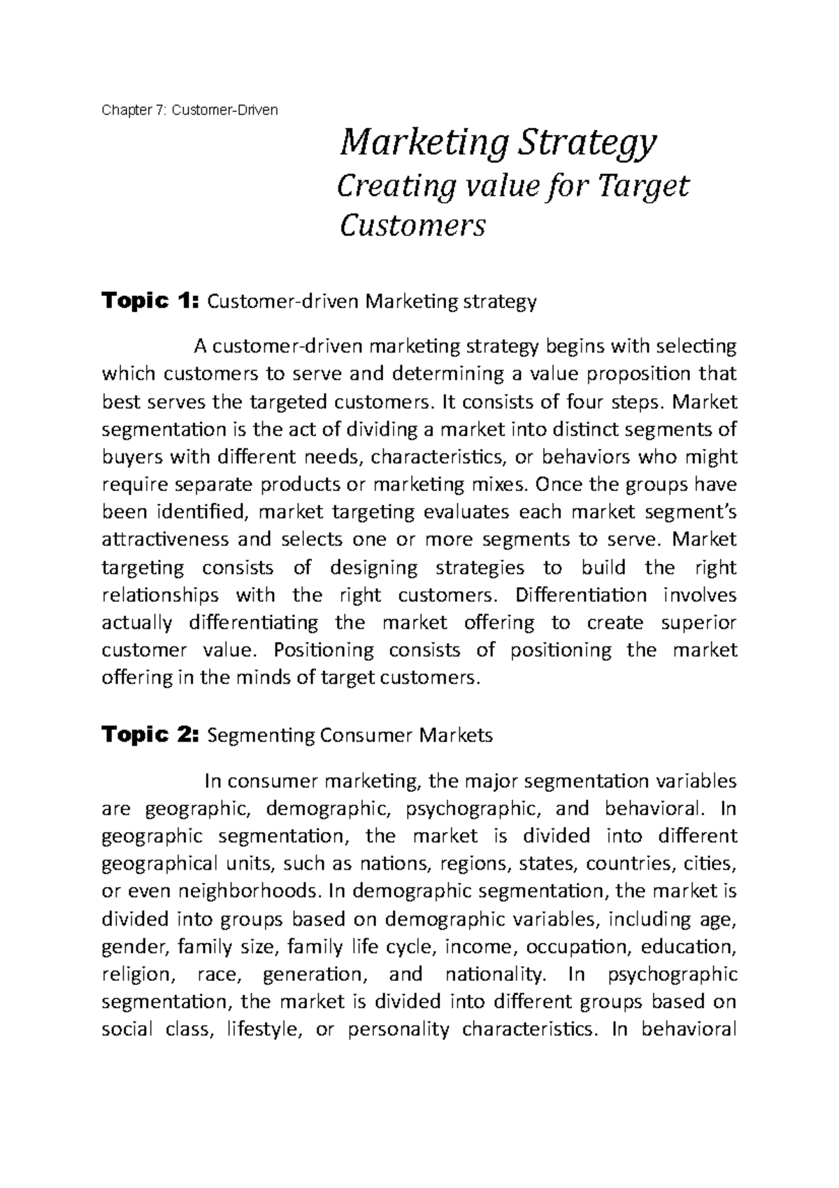 Chapter 7 Summary - MARKETING STRATEGIES - Chapter 7: Customer-Driven ...