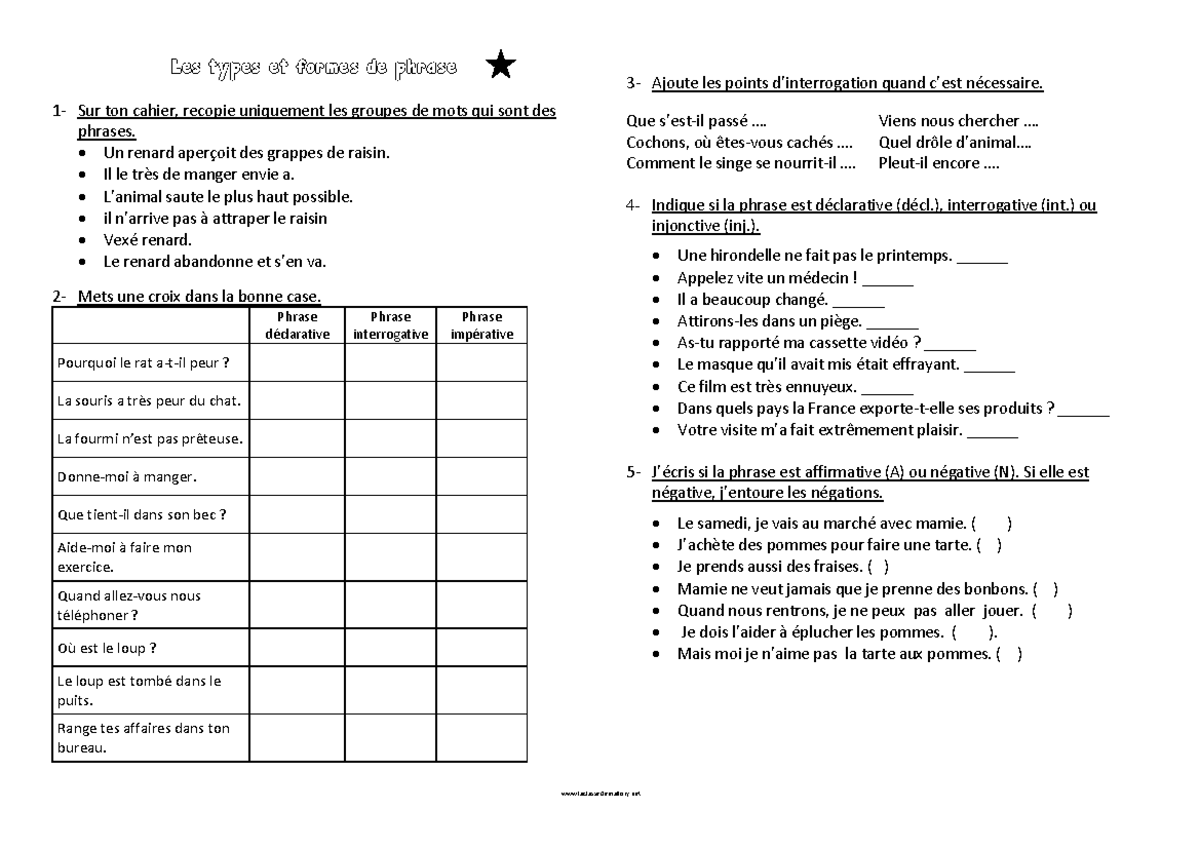 Fichier exercice grammaire cm2 - Les types et formes de phrase 1- Sur
